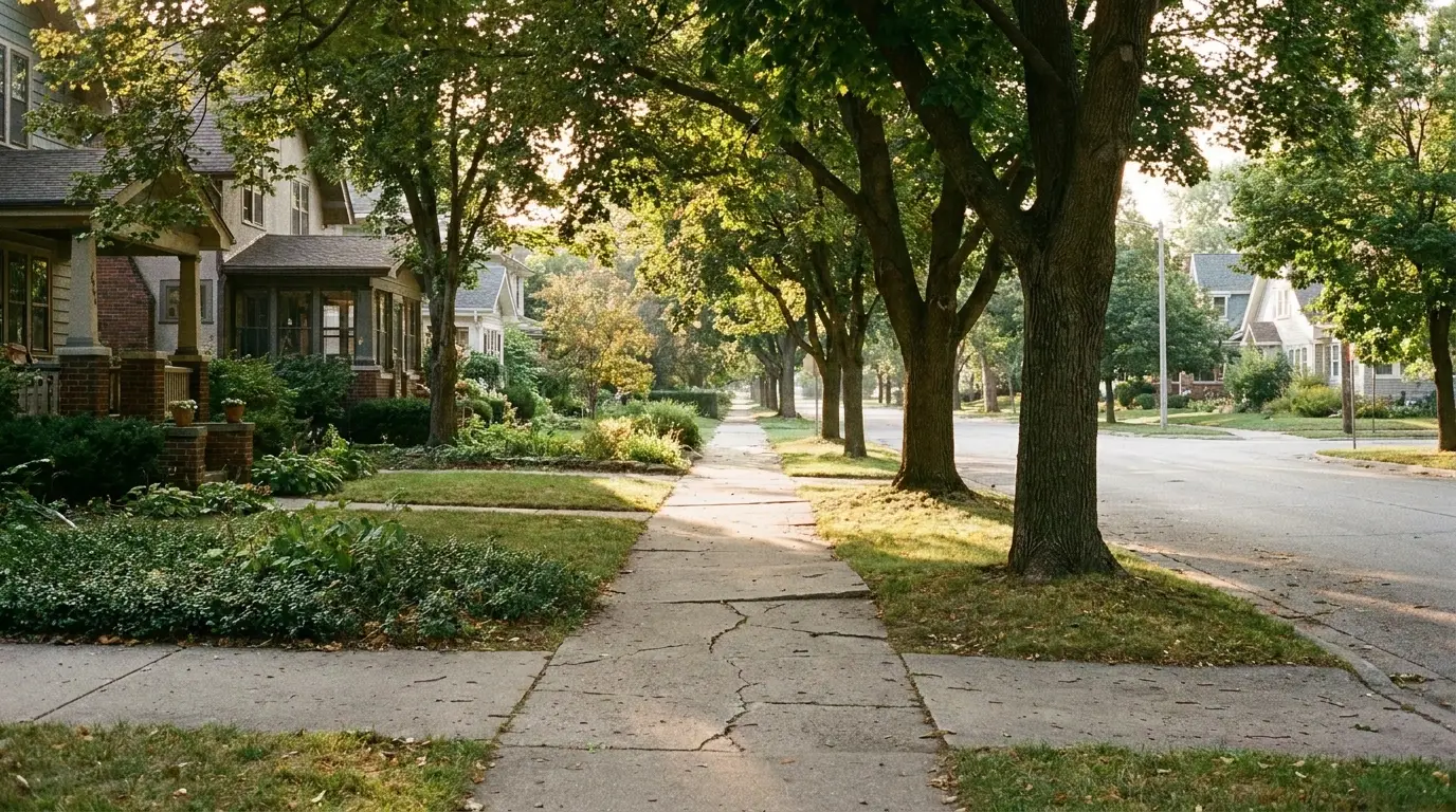 Tree-lined suburban street with houses and manicured lawns in early evening light