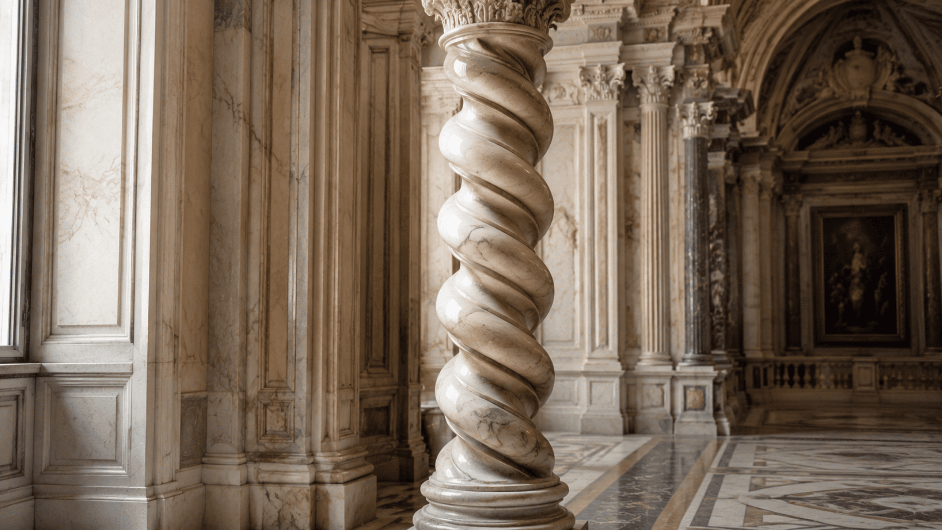 Twisted spiral column with helical shaft as a decorative feature in a grand classical interior