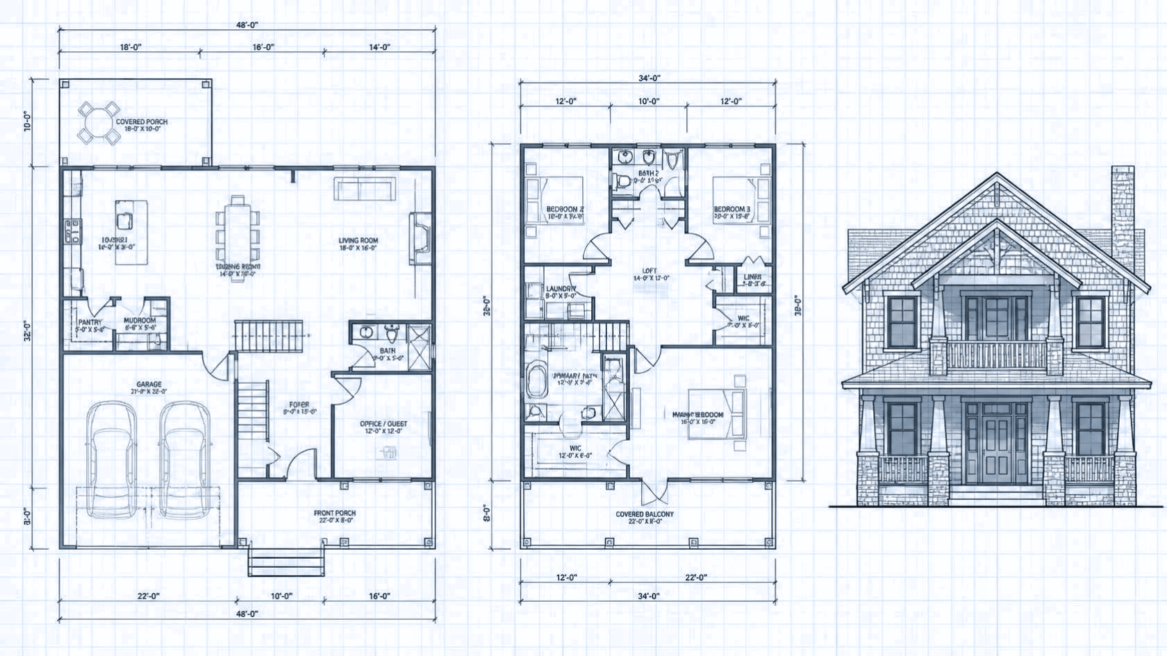 Craftsman house plan blueprint showing floor layouts, room dimensions, and front elevation drawing.