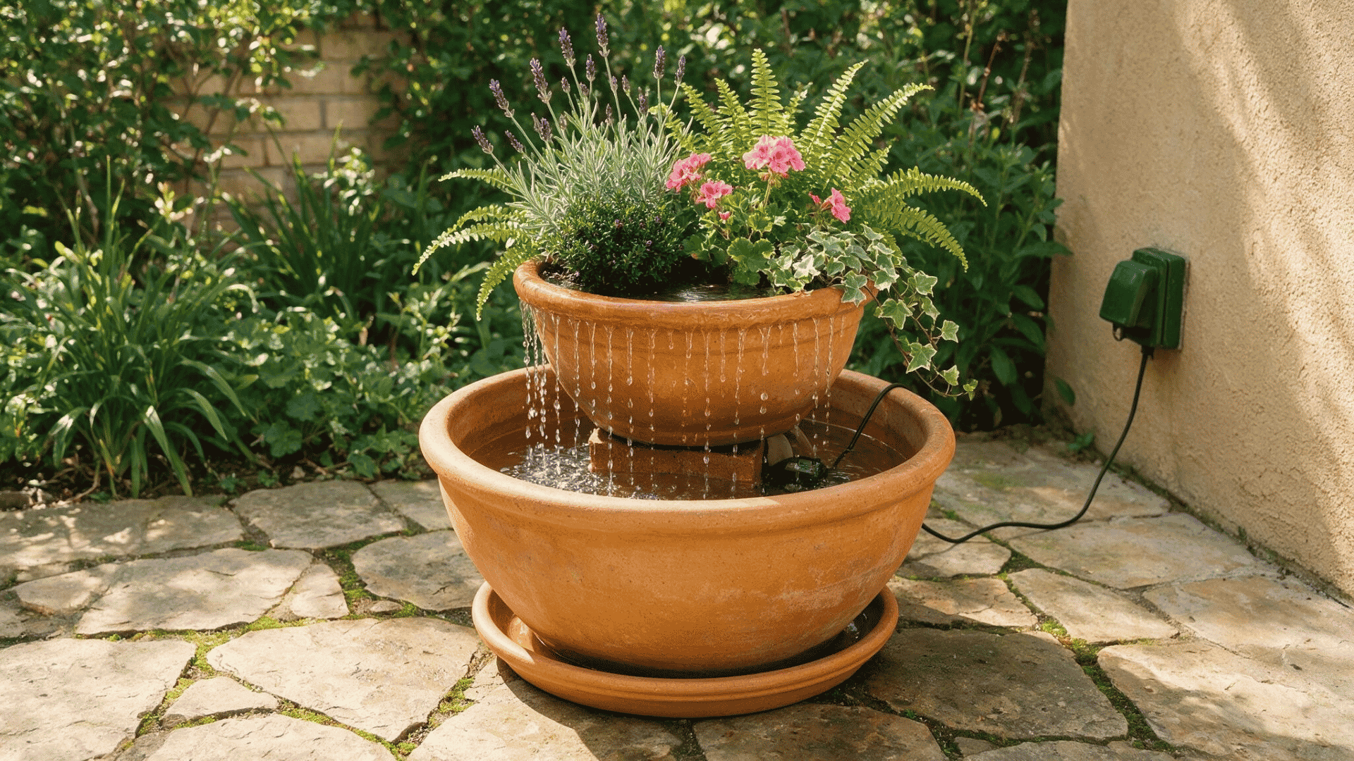 two tier terracotta pot fountain with flowers and cascading water on a sunny stone garden patio area (1)