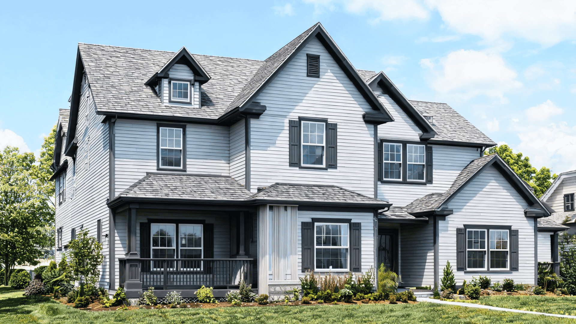 Two-tone gray house exterior with lighter siding and darker architectural accents.