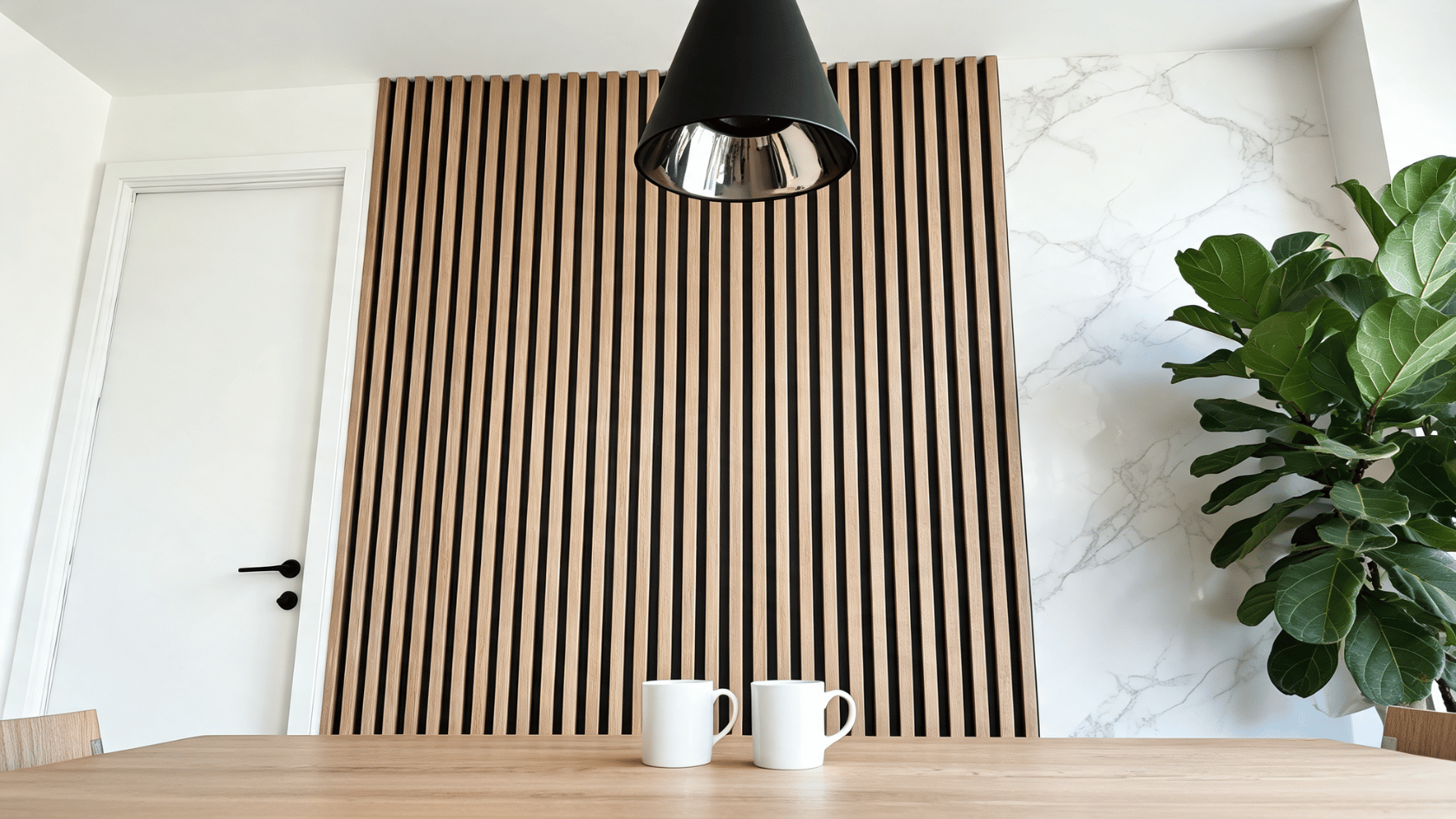Two coffee mugs on a wooden table set against a slatted wood wall panel, marble accents, and a potted plant.