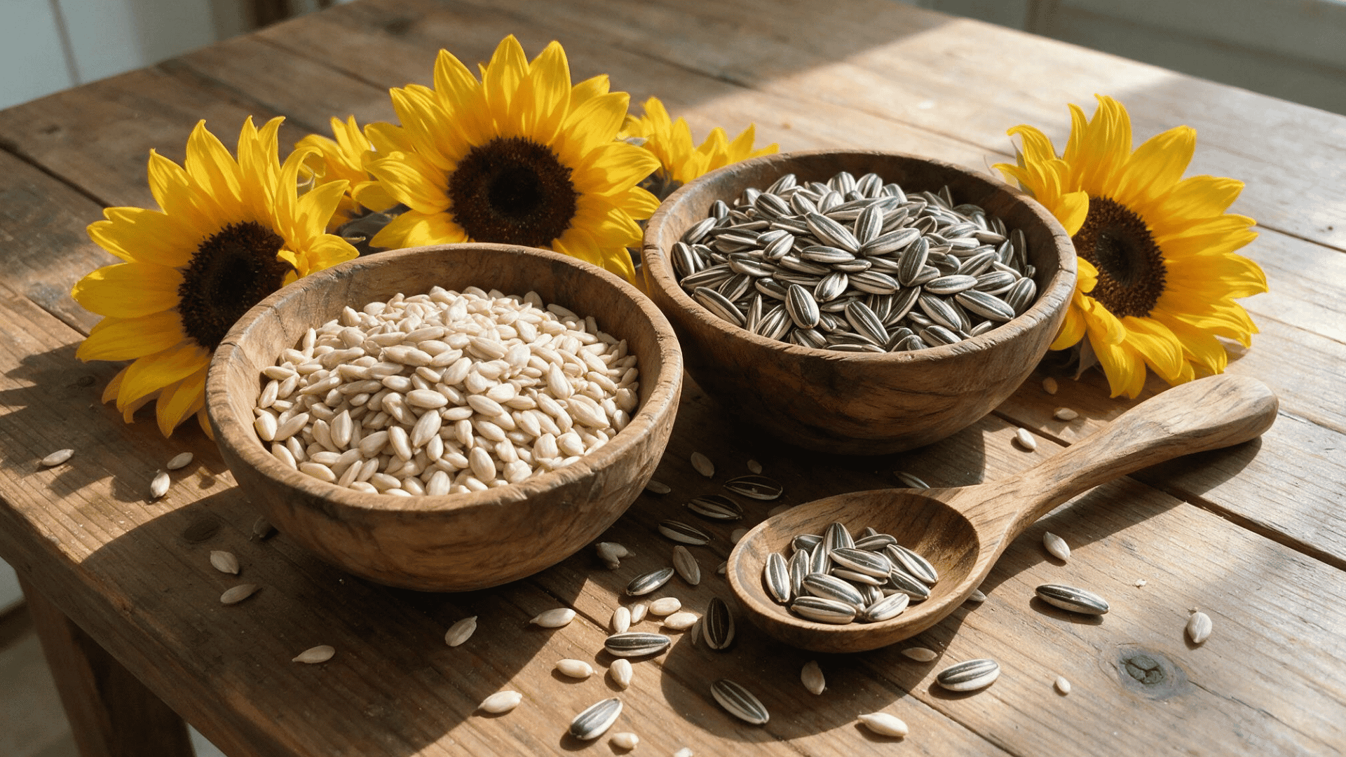 Two wooden bowls of sunflower seeds on a rustic table, one with shelled kernels and one with striped unshelled seeds, surrounded by fresh sunflowers and a wooden spoon