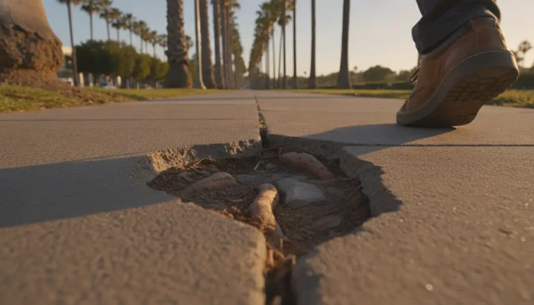 Cracked sidewalk with exposed tree roots and person walking in brown shoes