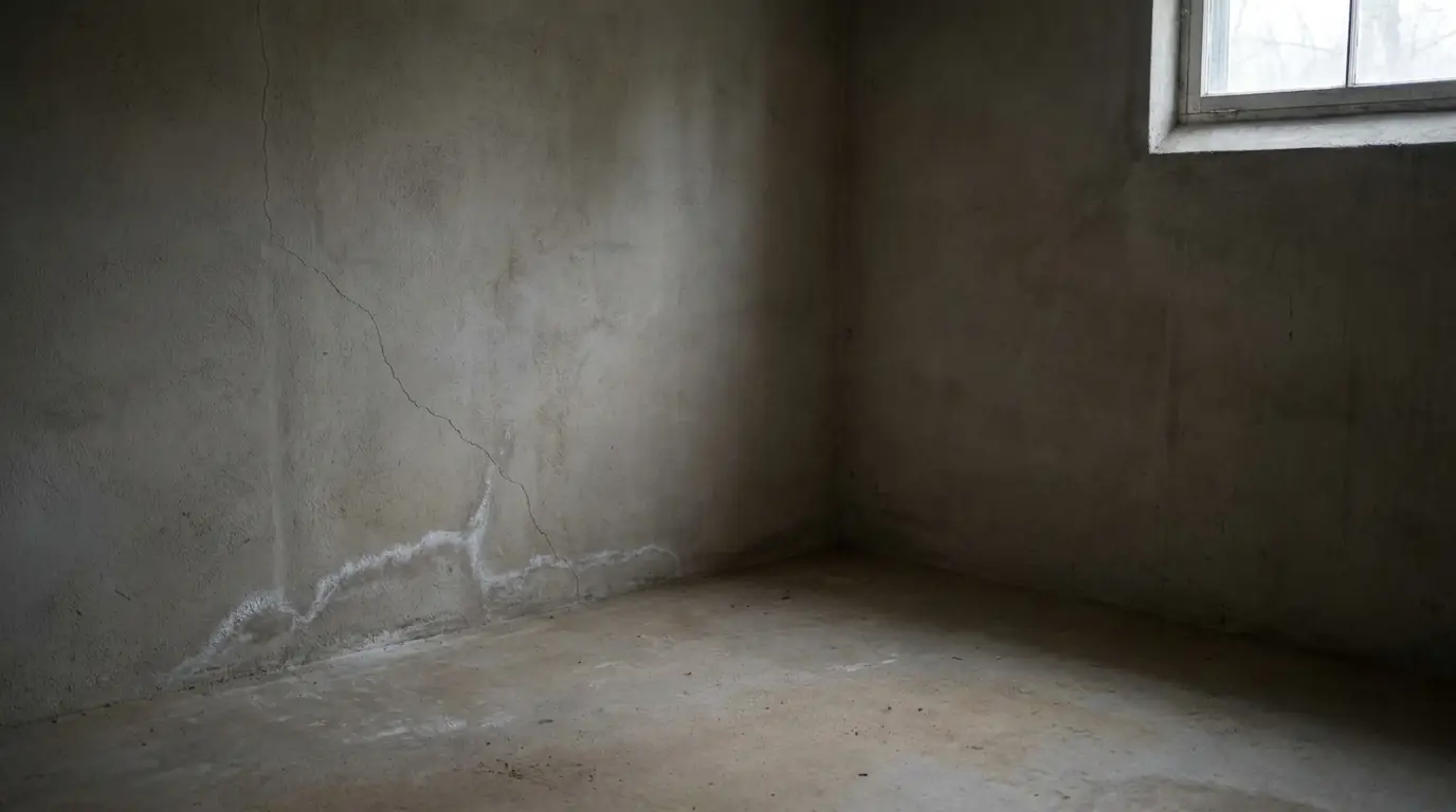 Cracked empty concrete room with a small window allowing dim natural light