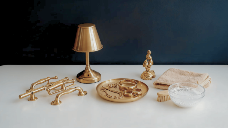 Assorted brass items on table by window; hand polishing knob with cloth.