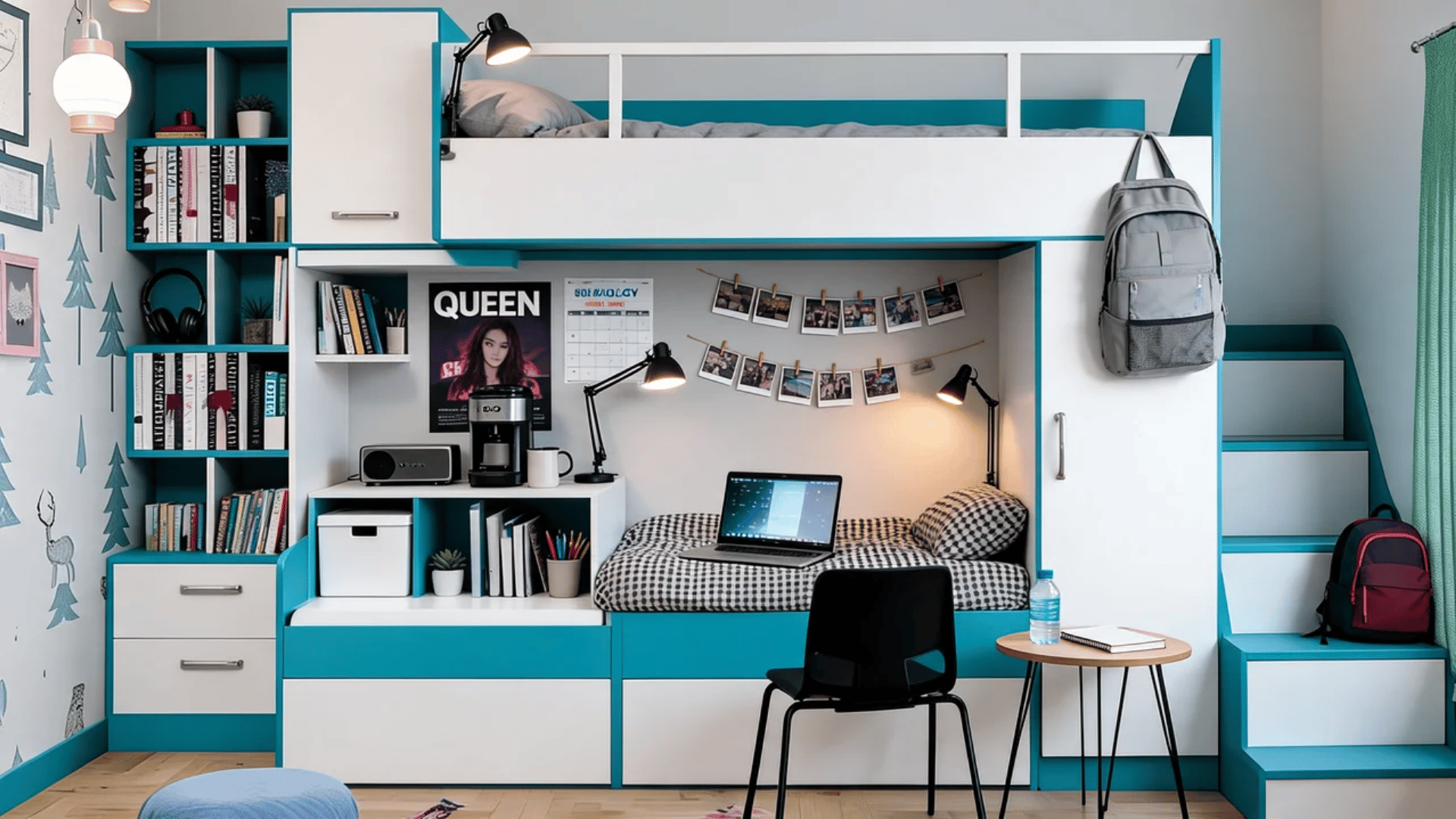 Small dorm room with a storage ottoman and rolling cart used for flexible organization.
