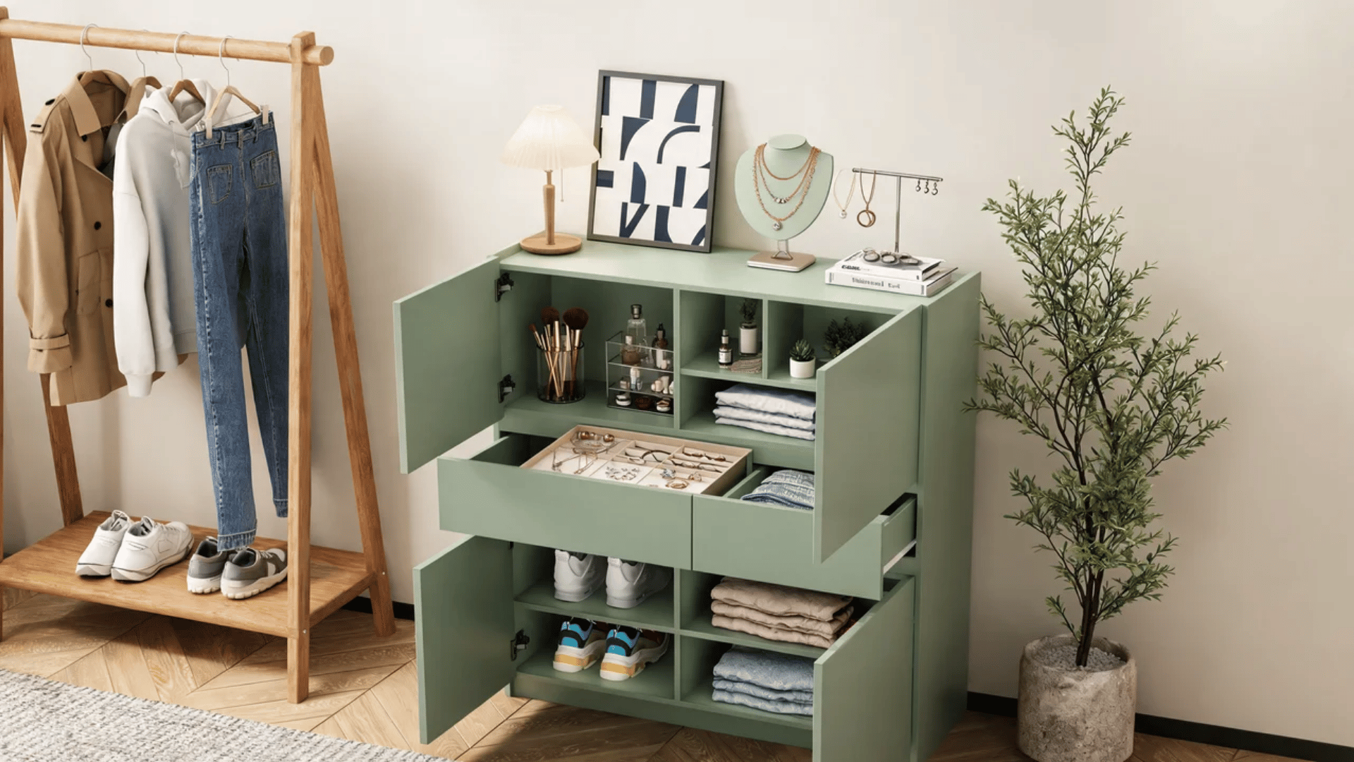 Dorm room with a clothing rack, jewelry display, decorative organizers, and neatly styled shelves.