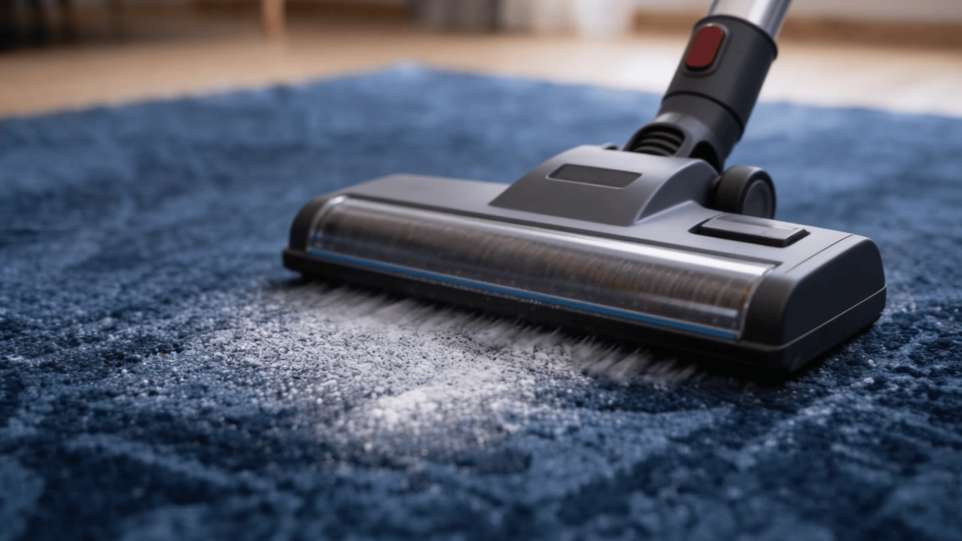 Vacuum cleaner removing baking soda residue from a carpet surface