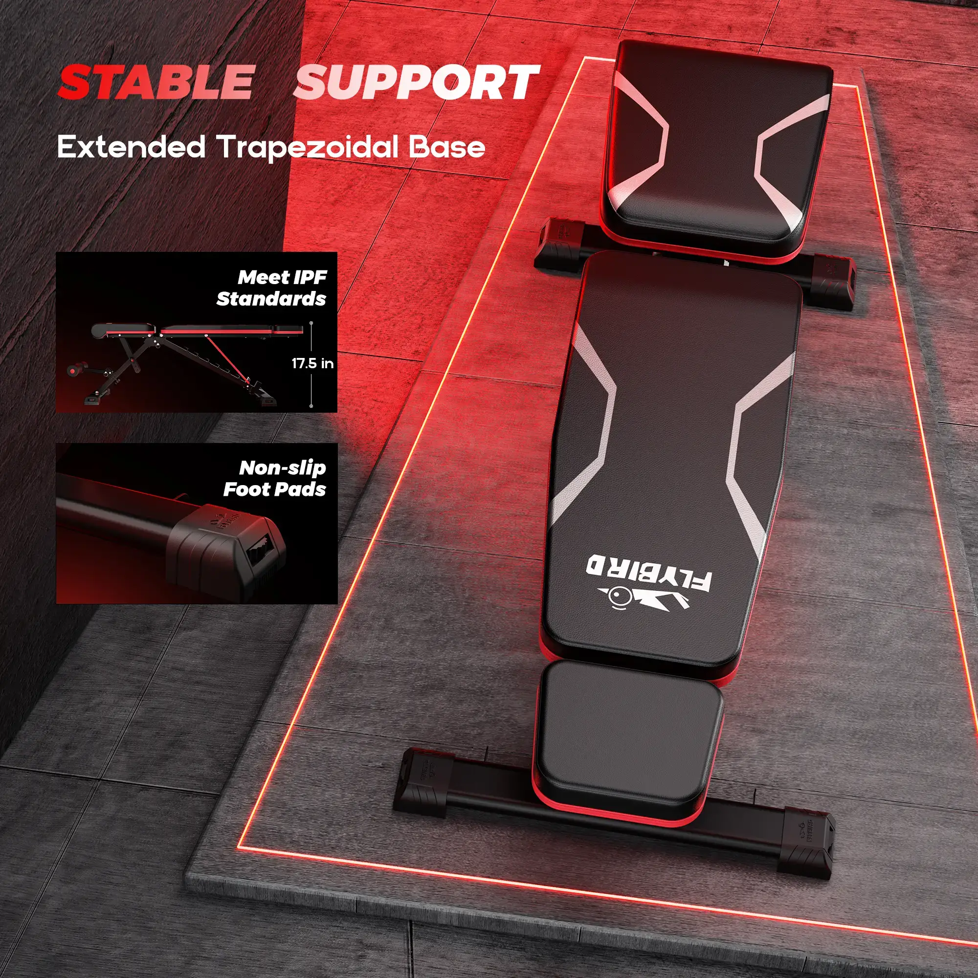Black exercise bench with trapezoidal base and red accents on tiled floor