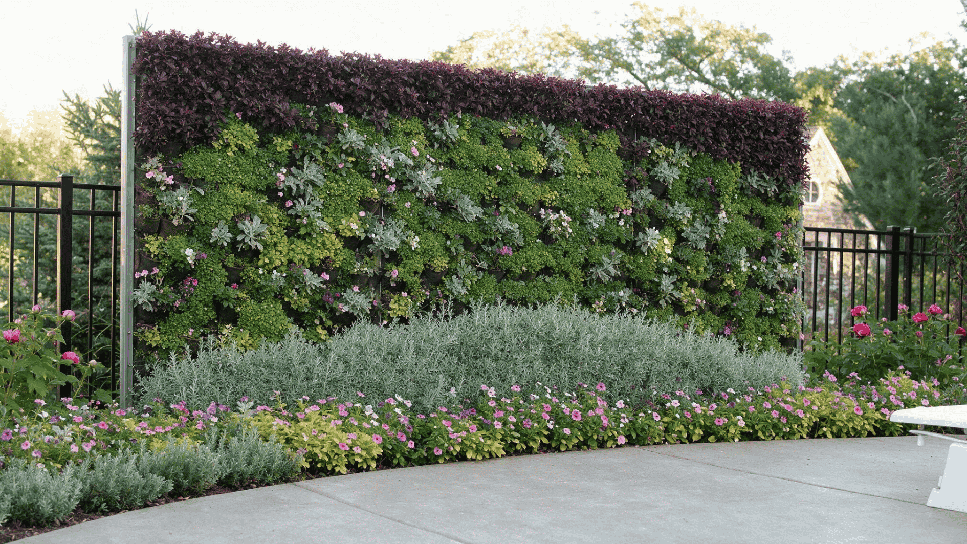 vertical living wall filled with green foliage silver plants and pink flowers beside the smooth concrete patio