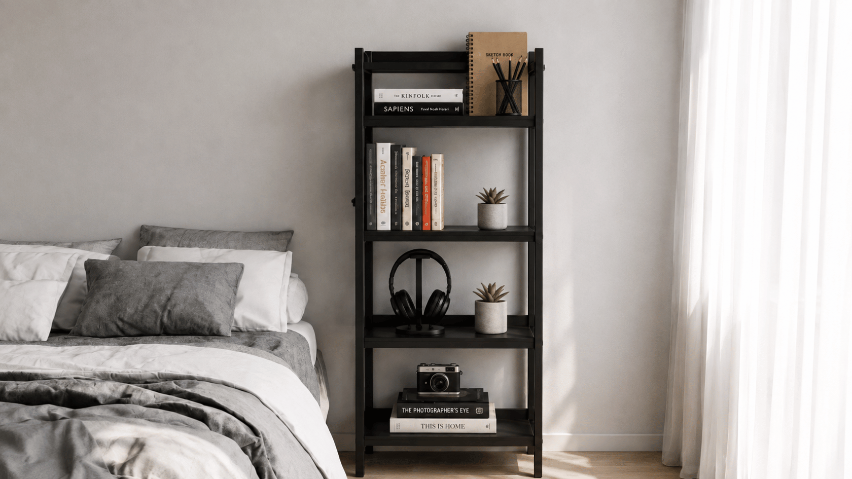 Dorm room with a vertical storage organiser with books and planters.