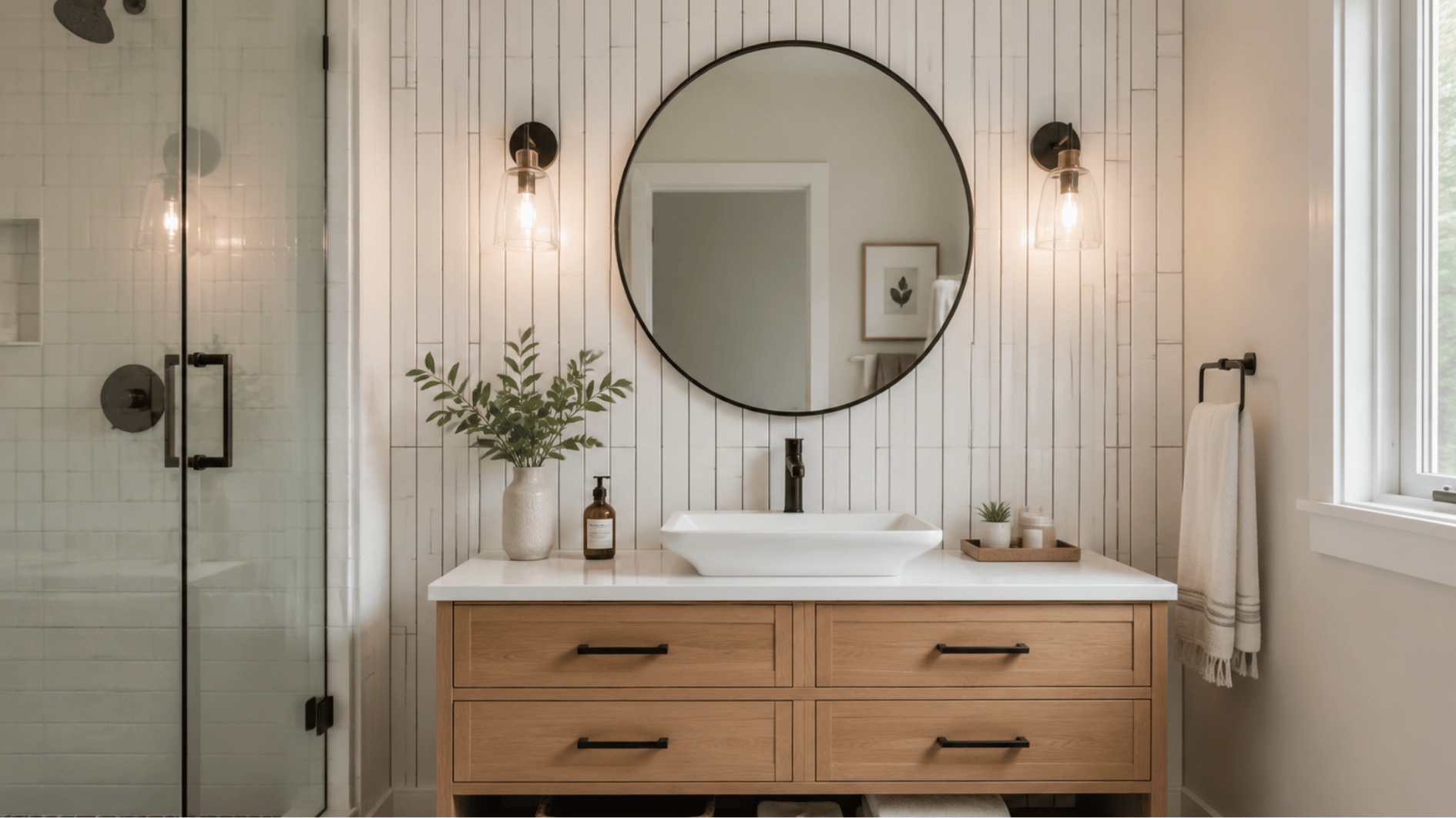 vertical white subway tile accent wall behind a bathroom vanity with mirror and modern fixtures