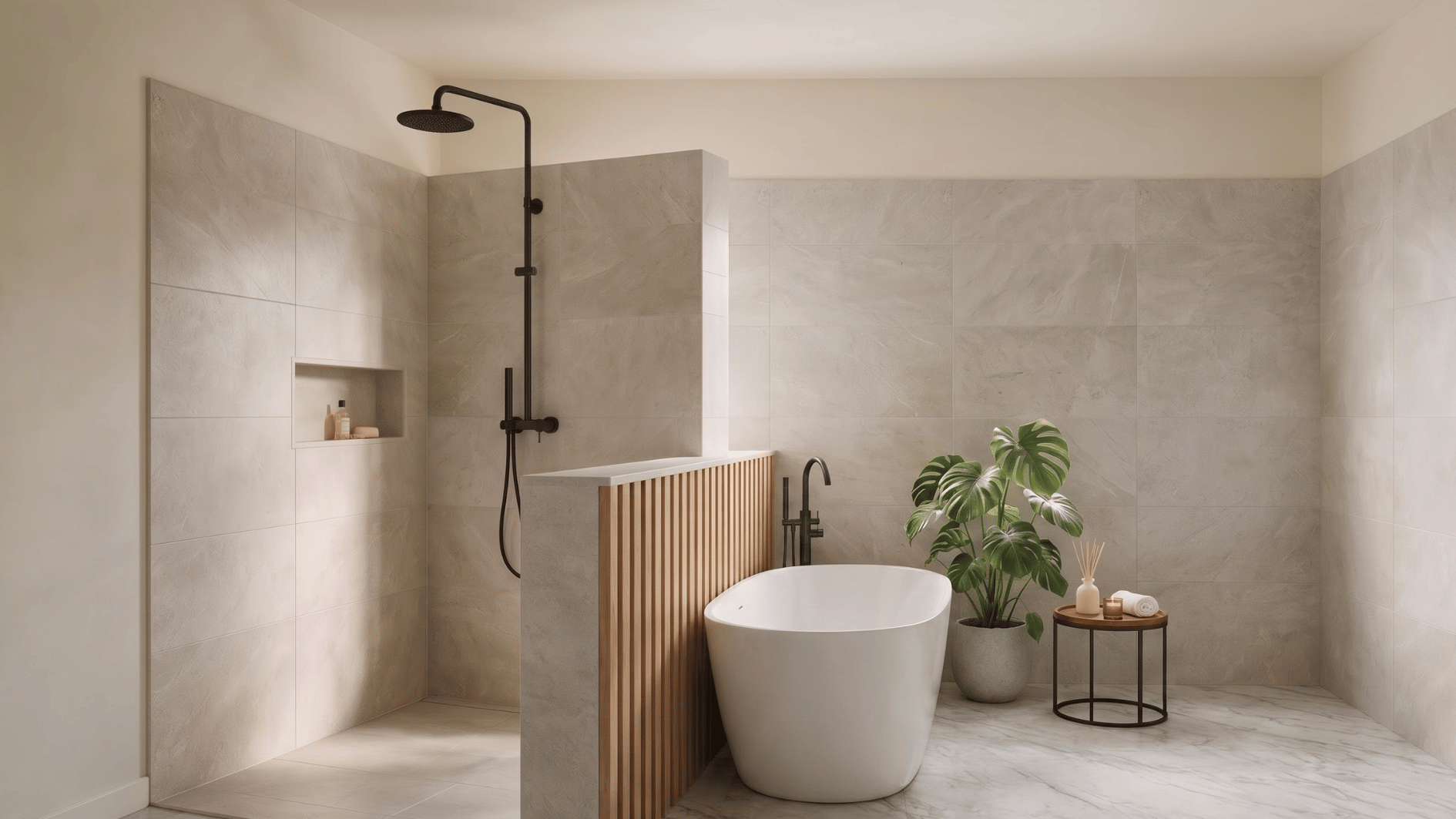 vertical wood slat pony wall shower with modern fixtures and warm textured bathroom design (1)