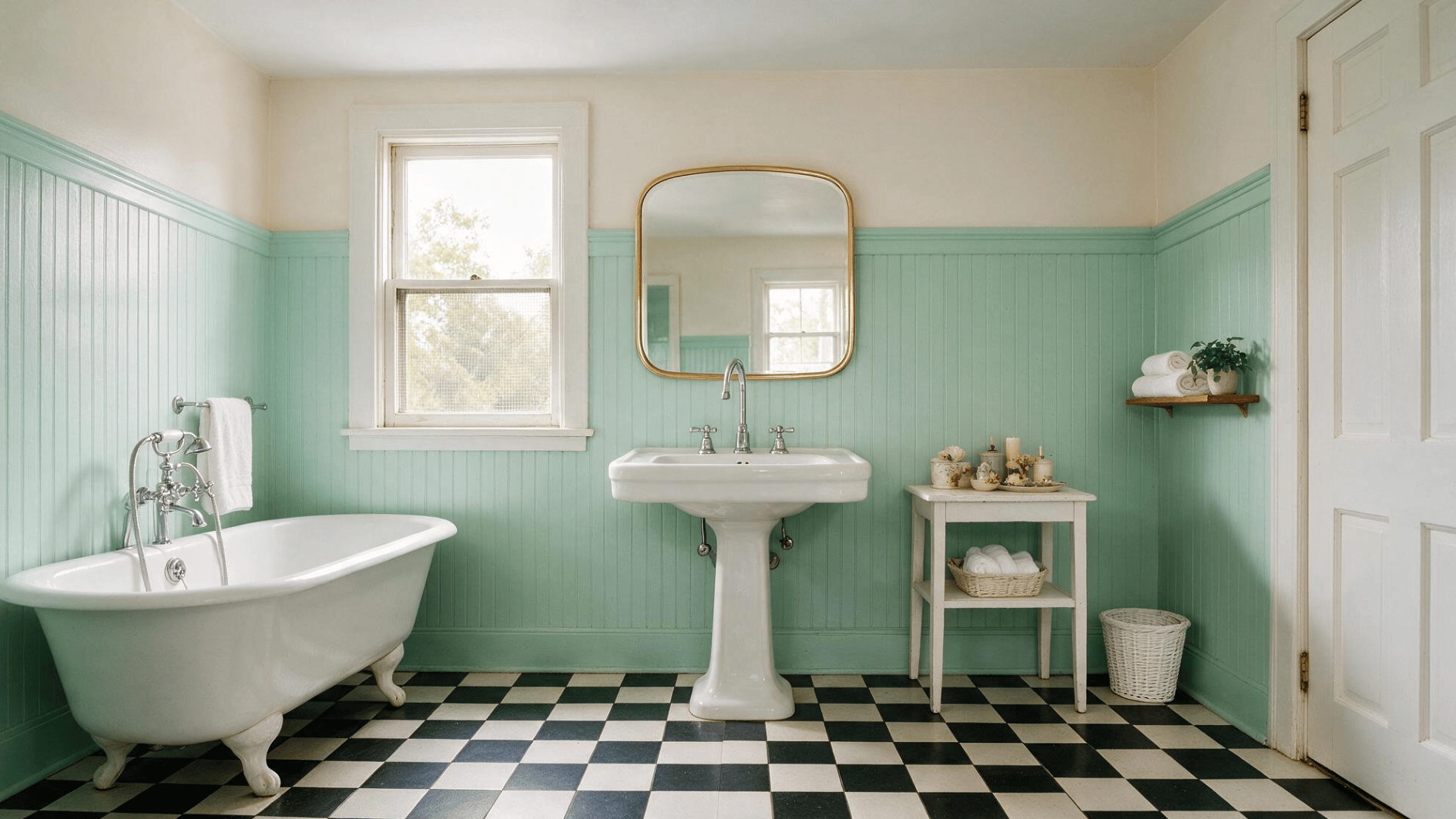 vintage bathroom with mint beadboard walls clawfoot tub checkerboard floor pedestal sink and bright window light