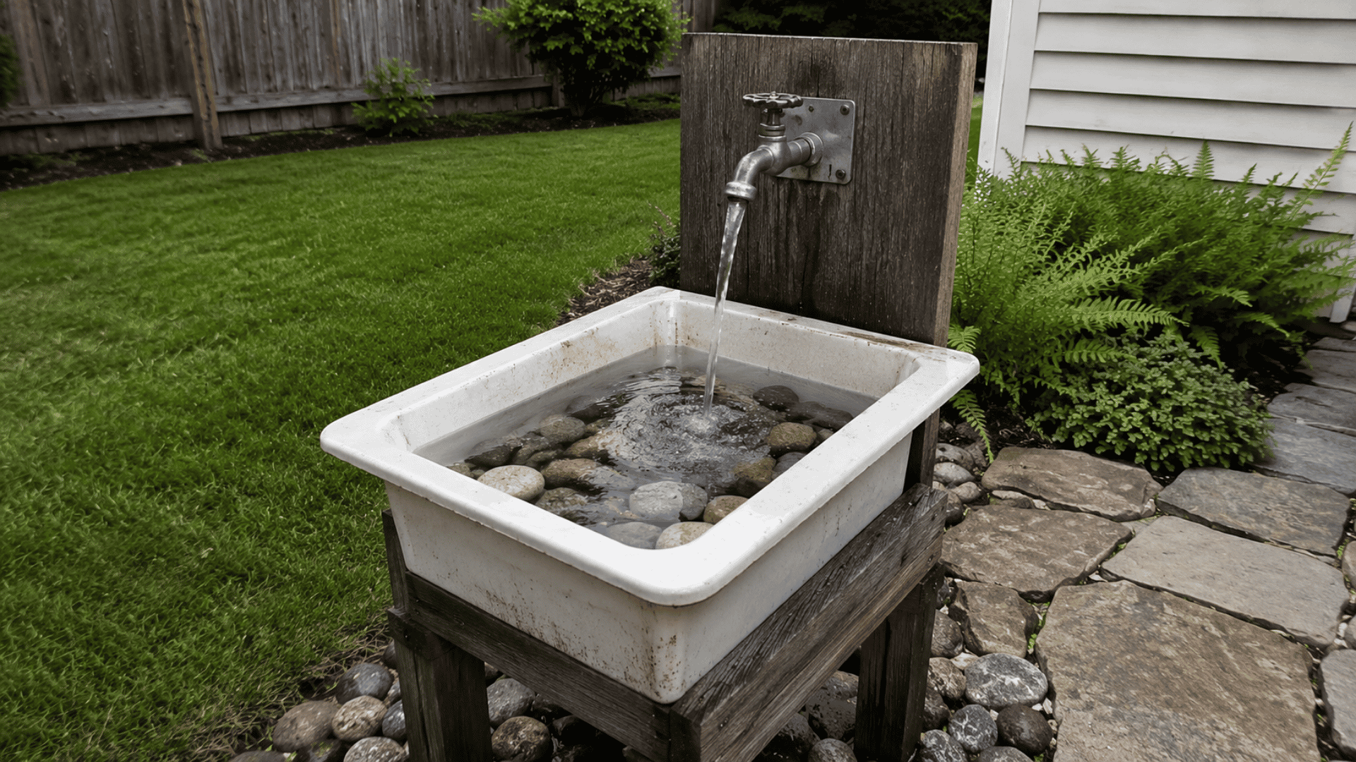 vintage sink fountain with faucet pouring water into stone filled basin outdoors