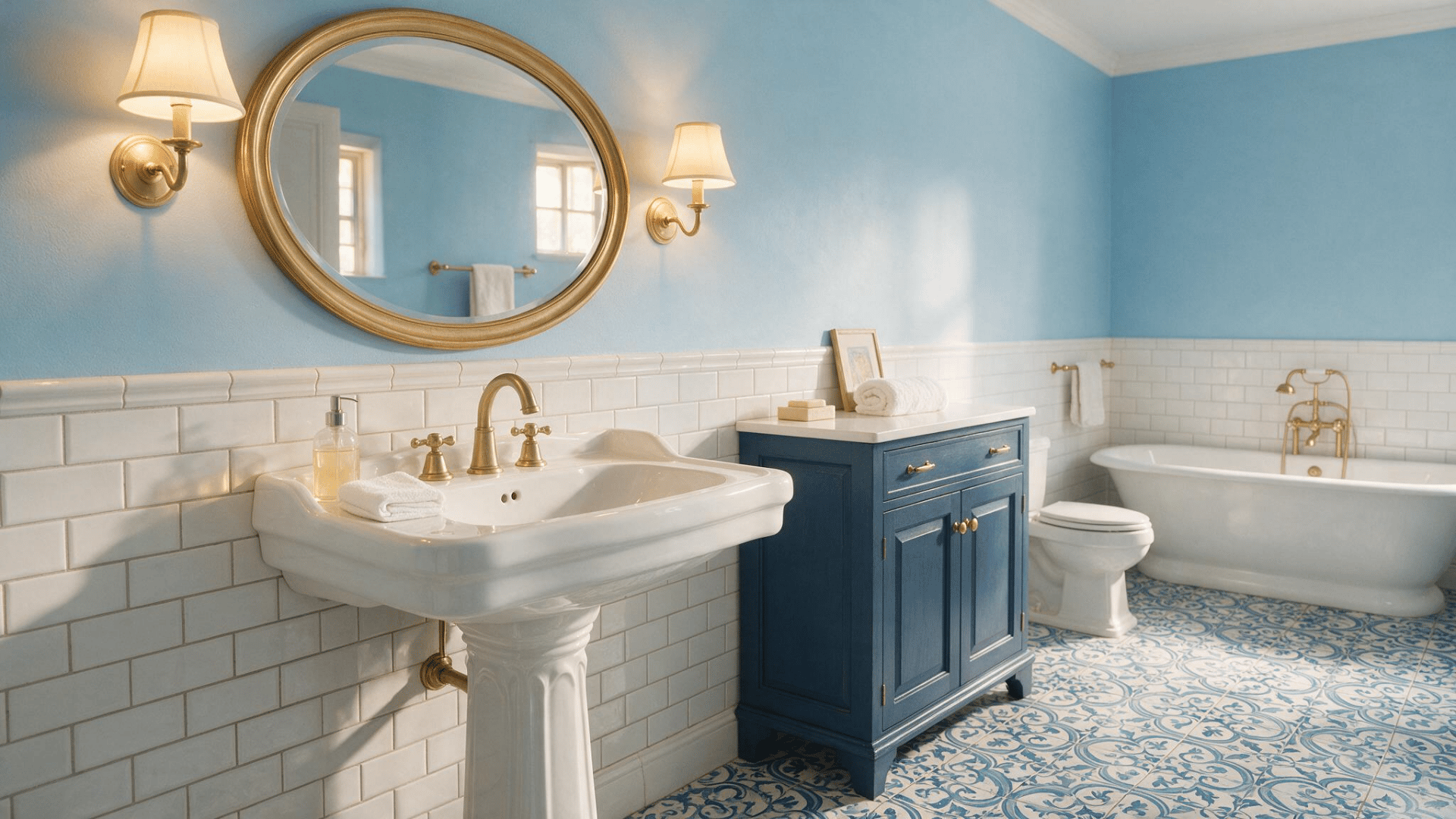 Vintage-style blue bathroom with pedestal sink, gold oval mirror, navy vanity, and patterned tile floor.