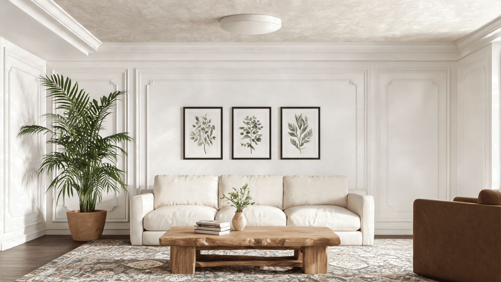 Living room with white wainscoting wall panels, framed botanical artwork, sofa, coffee table, and indoor plant.