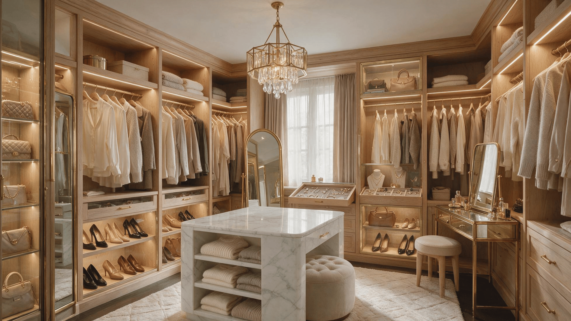 walk-in closet with a pendant light above a center island and organized clothing storage