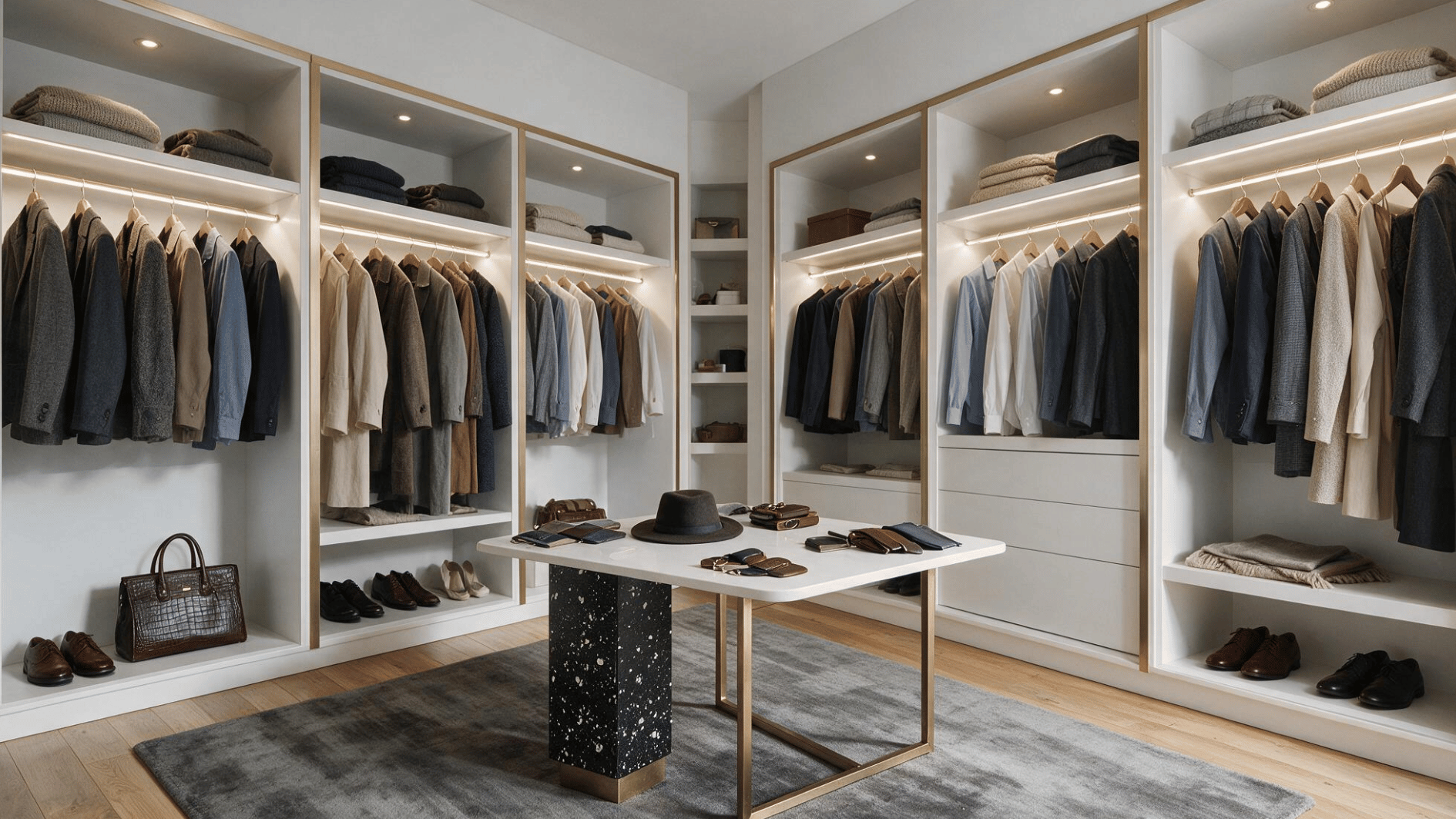 walk in closet with integrated led closet rod lighting illuminating neatly hung clothes and open shelving