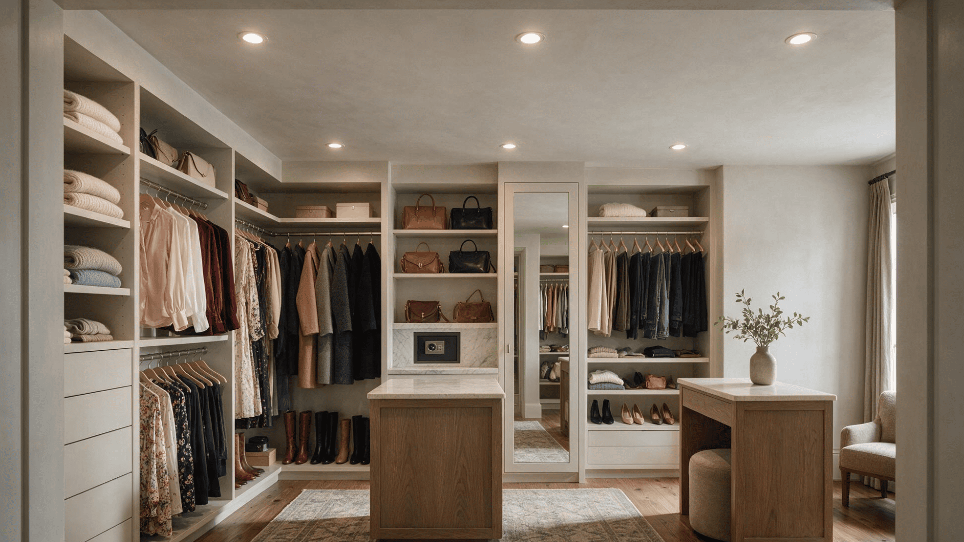 walk-in closet with recessed ceiling lights providing even lighting across shelves and clothing