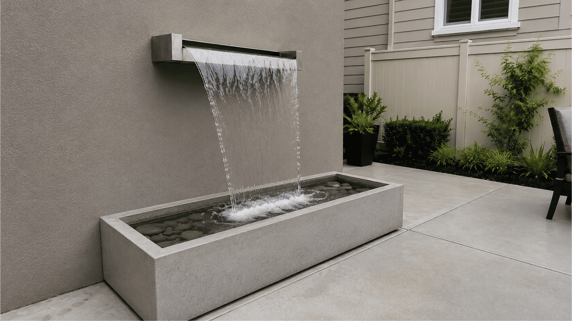 wall mounted spillway fountain pouring water into rectangular basin on patio