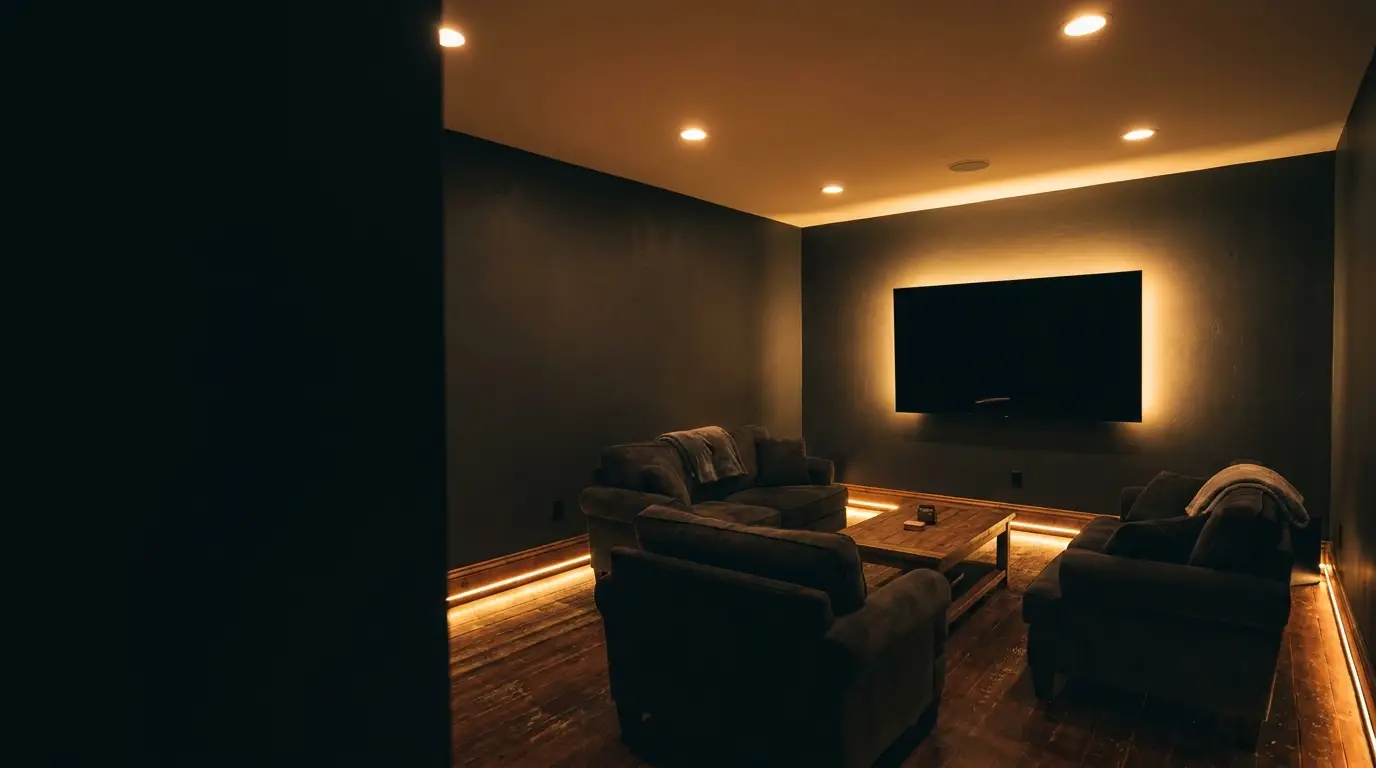 Cozy home theater with large TV, gray sofas, and dim lighting ambiance