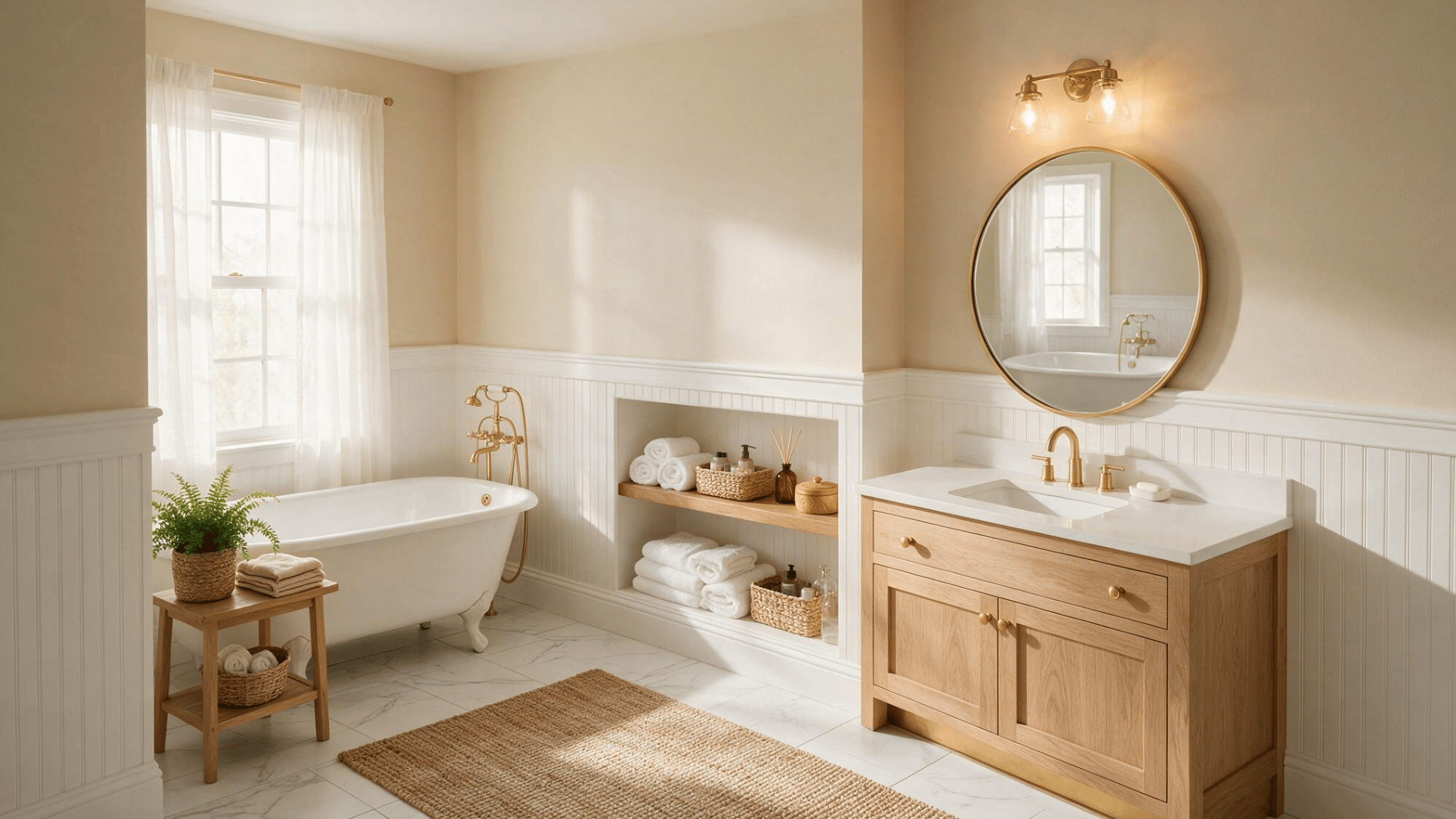 warm bathroom with white beadboard built in storage niche wood vanity freestanding tub and soft natural daylight glow