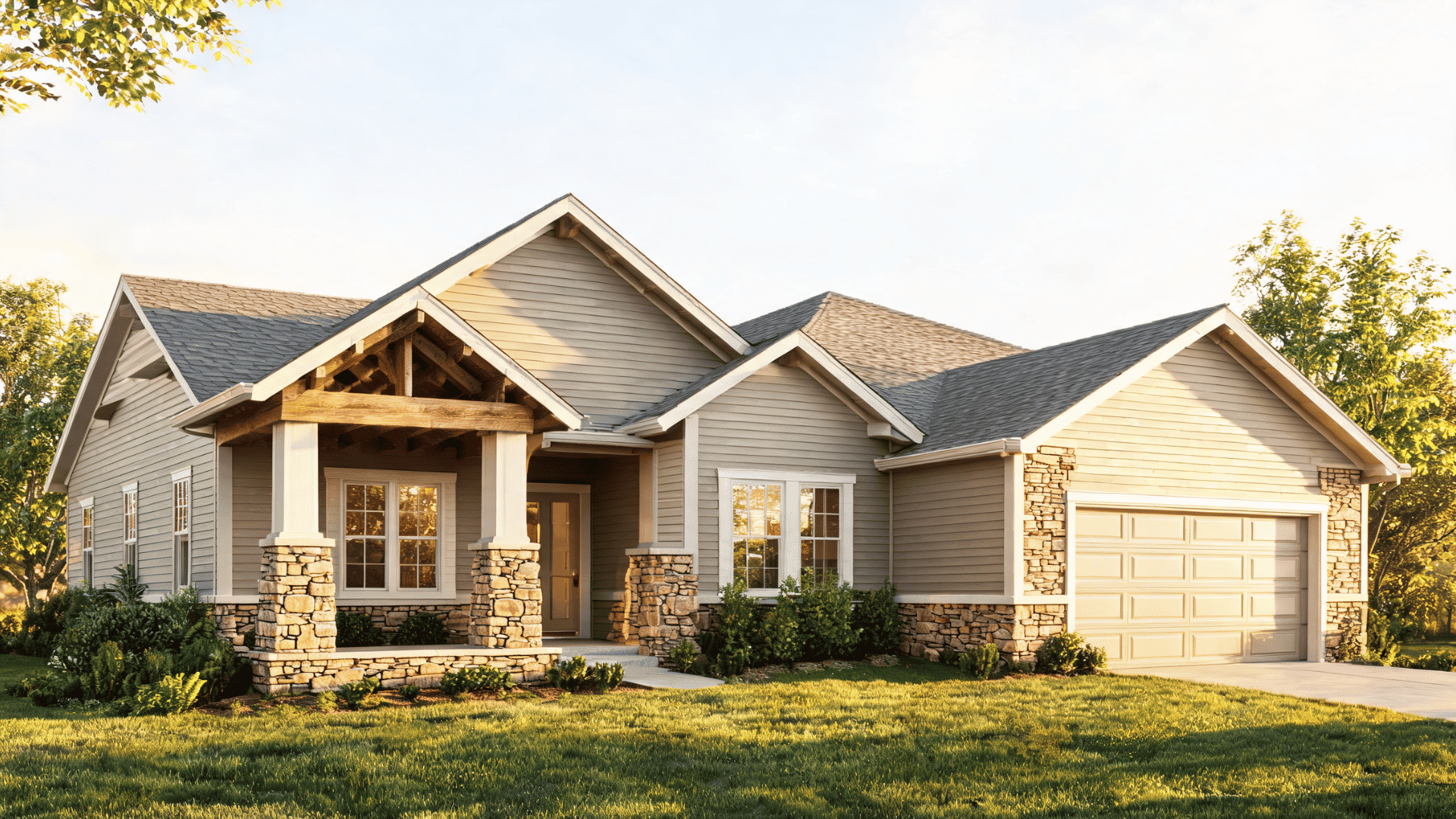 Warm greige house exterior with stone accents, brick details, and natural wood elements.