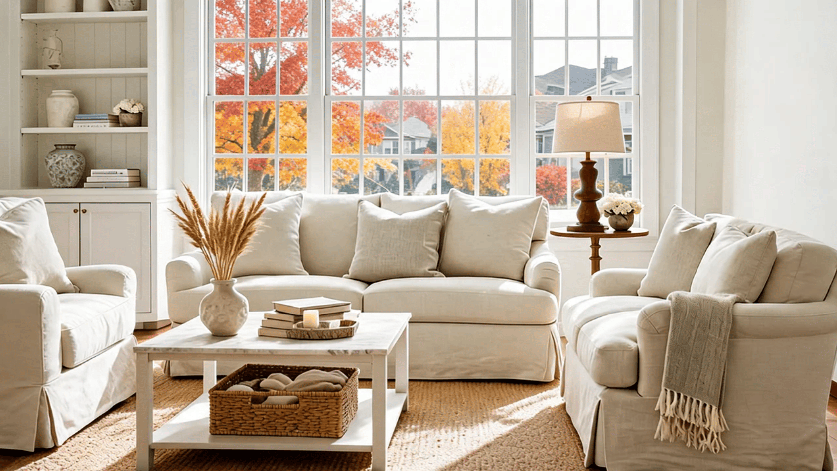 Living room with soft white walls, beige furniture, books, and layered neutral textiles.