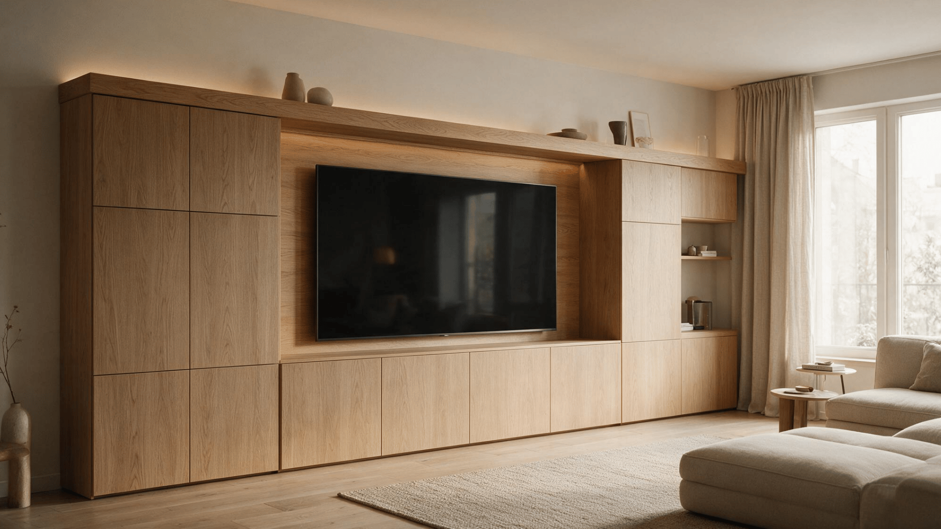 warm oak built in media wall with closed cabinets large television soft lighting and neutral living room decor
