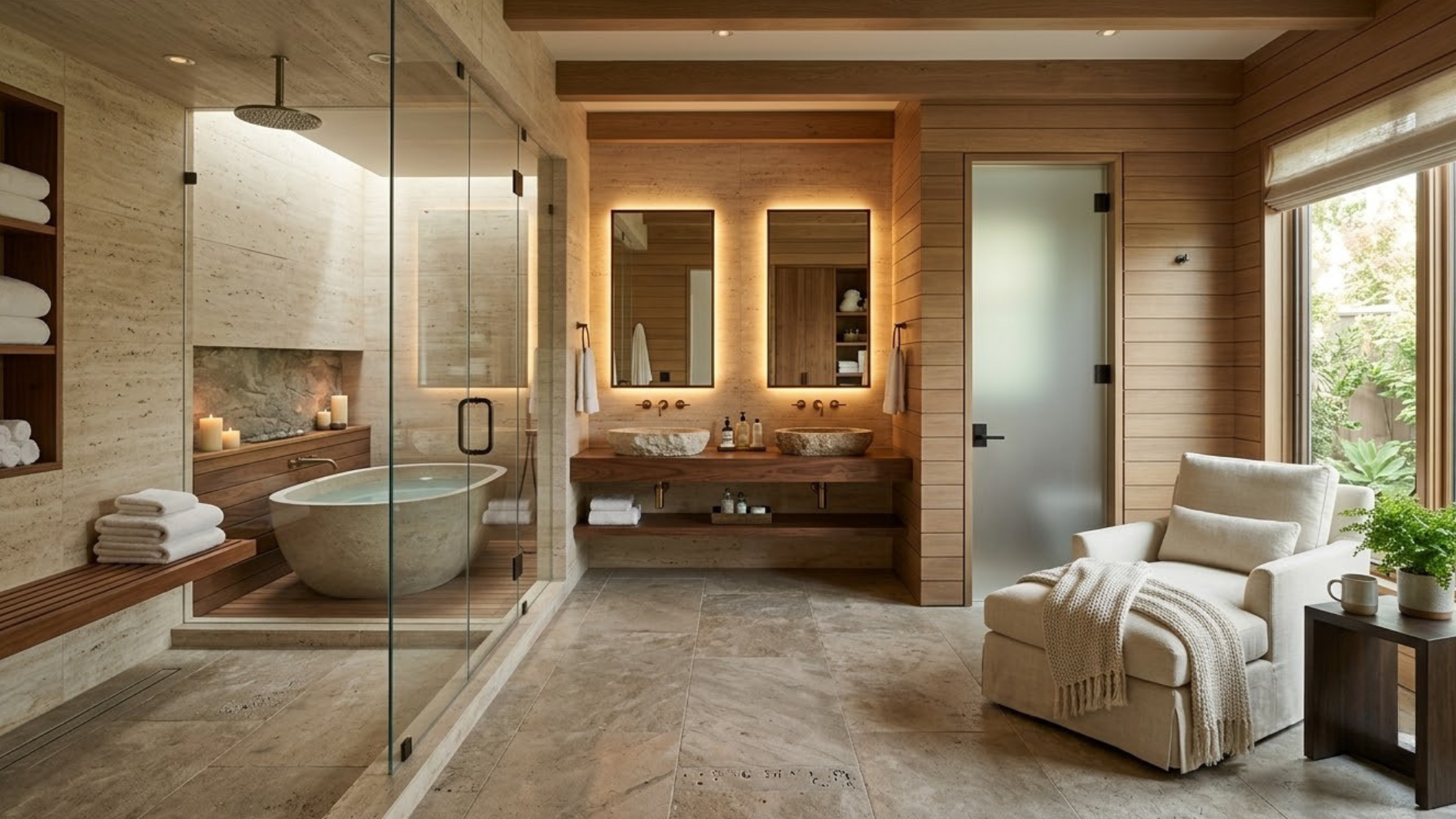 warm wellness bathroom with stone tub glass shower double vanity wood wall lounge chair and garden window view