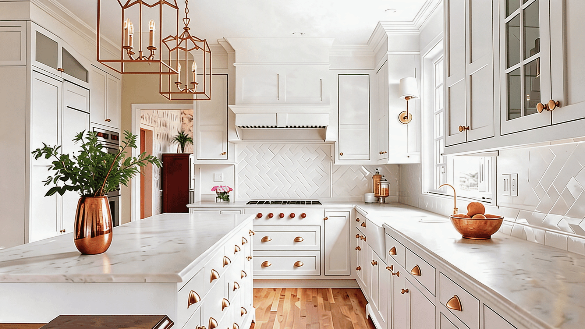Warm white kitchen with brass hardware, marble island, modern sleek cabinets, plant decor , and elegant copper accents.