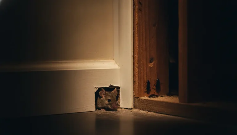 Mouse peeking through wall hole in dimly lit corner apartment