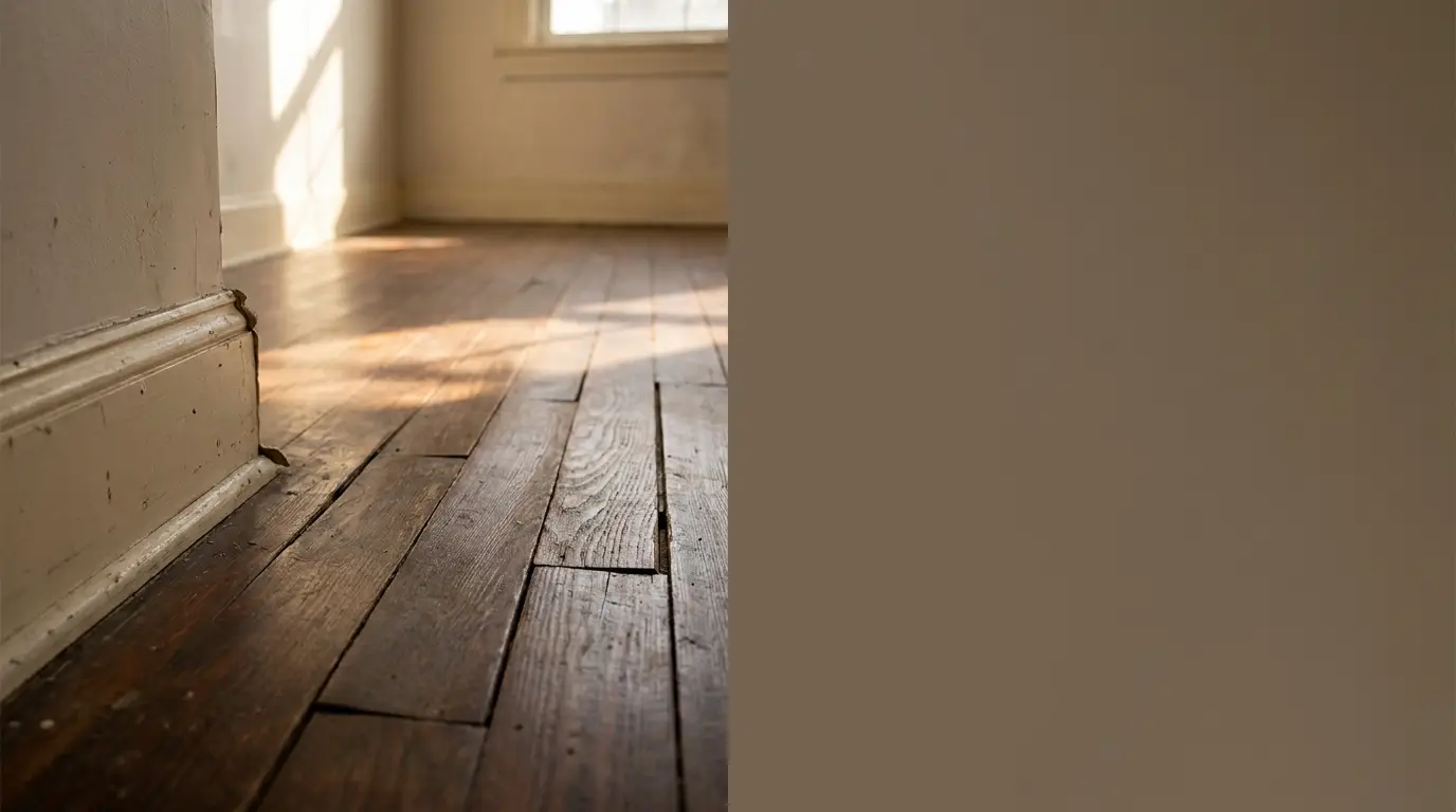 Sunlit wooden floor in empty room with white baseboard and soft shadows