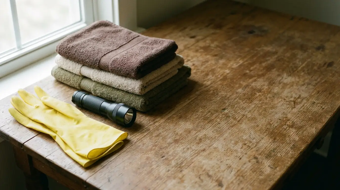 Yellow rubber gloves, folded towels, and flashlight on rustic wooden table near window