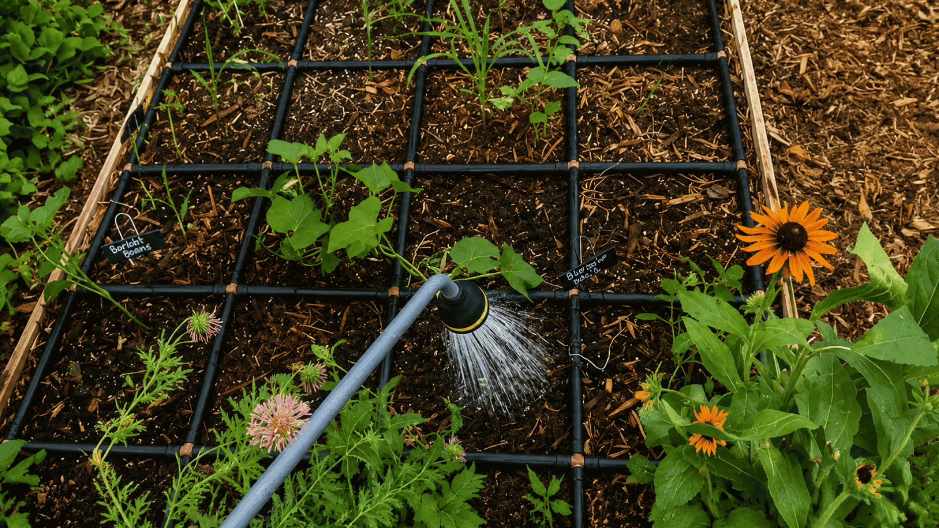 sweet potato plants being deeply watered in a raised garden bed to keep the soil evenly moist