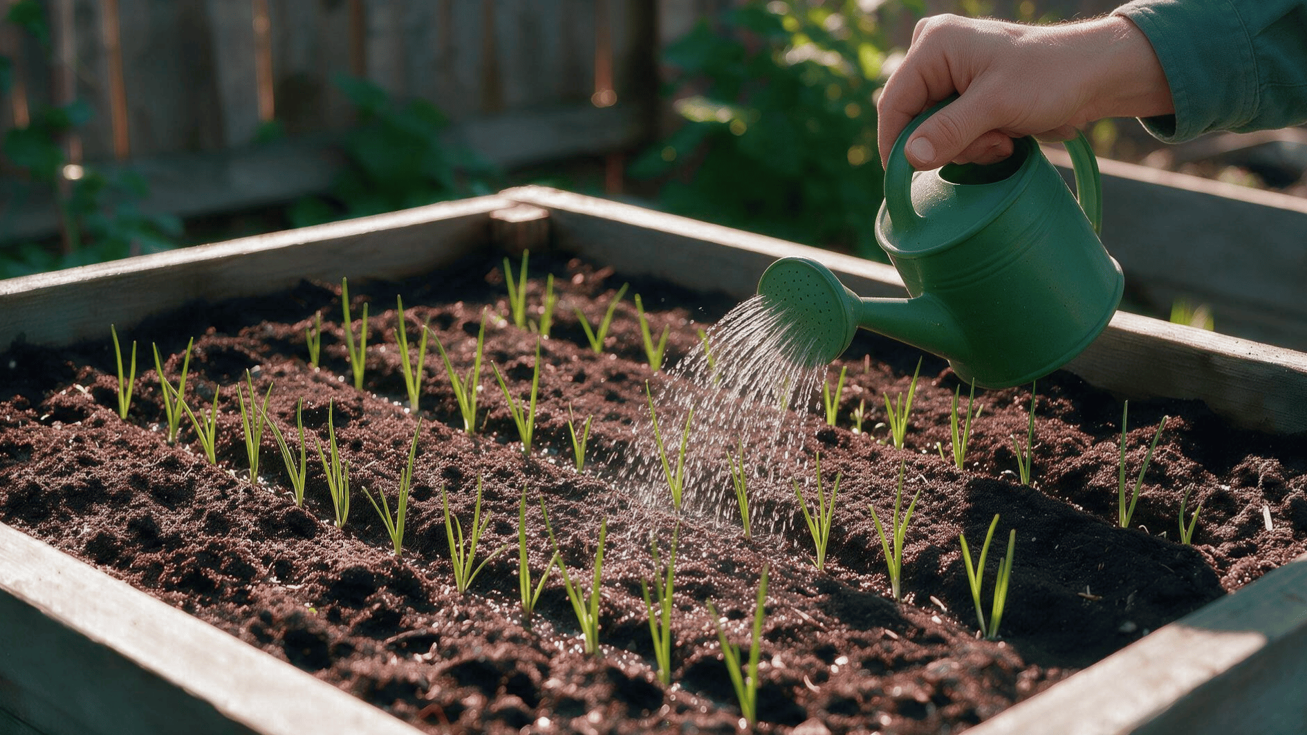 gardener watering young green onion plants in rows with a green watering can