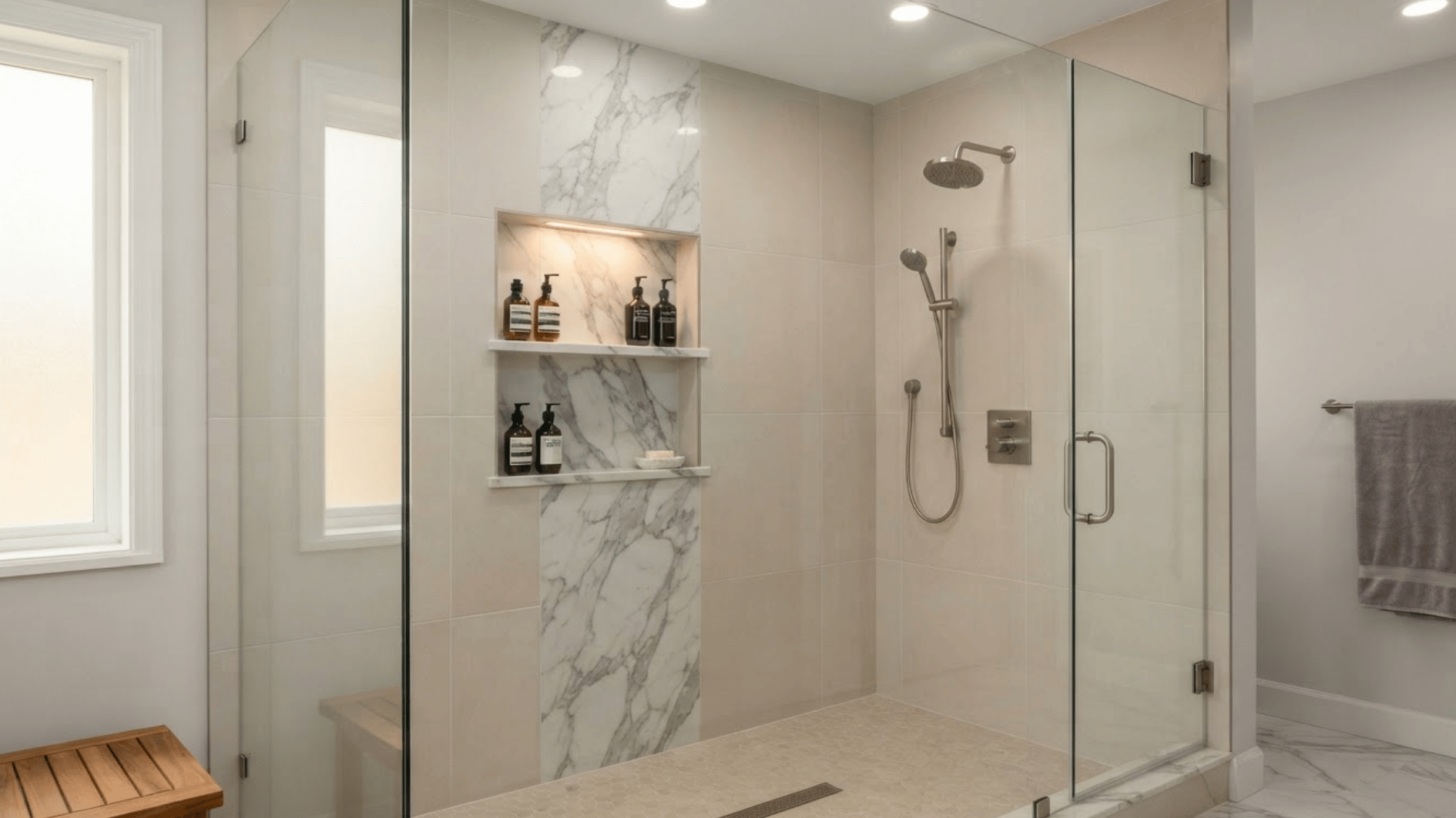 waterfall tile accent flowing into a built-in shower niche with marble-look tiles and modern bathroom design