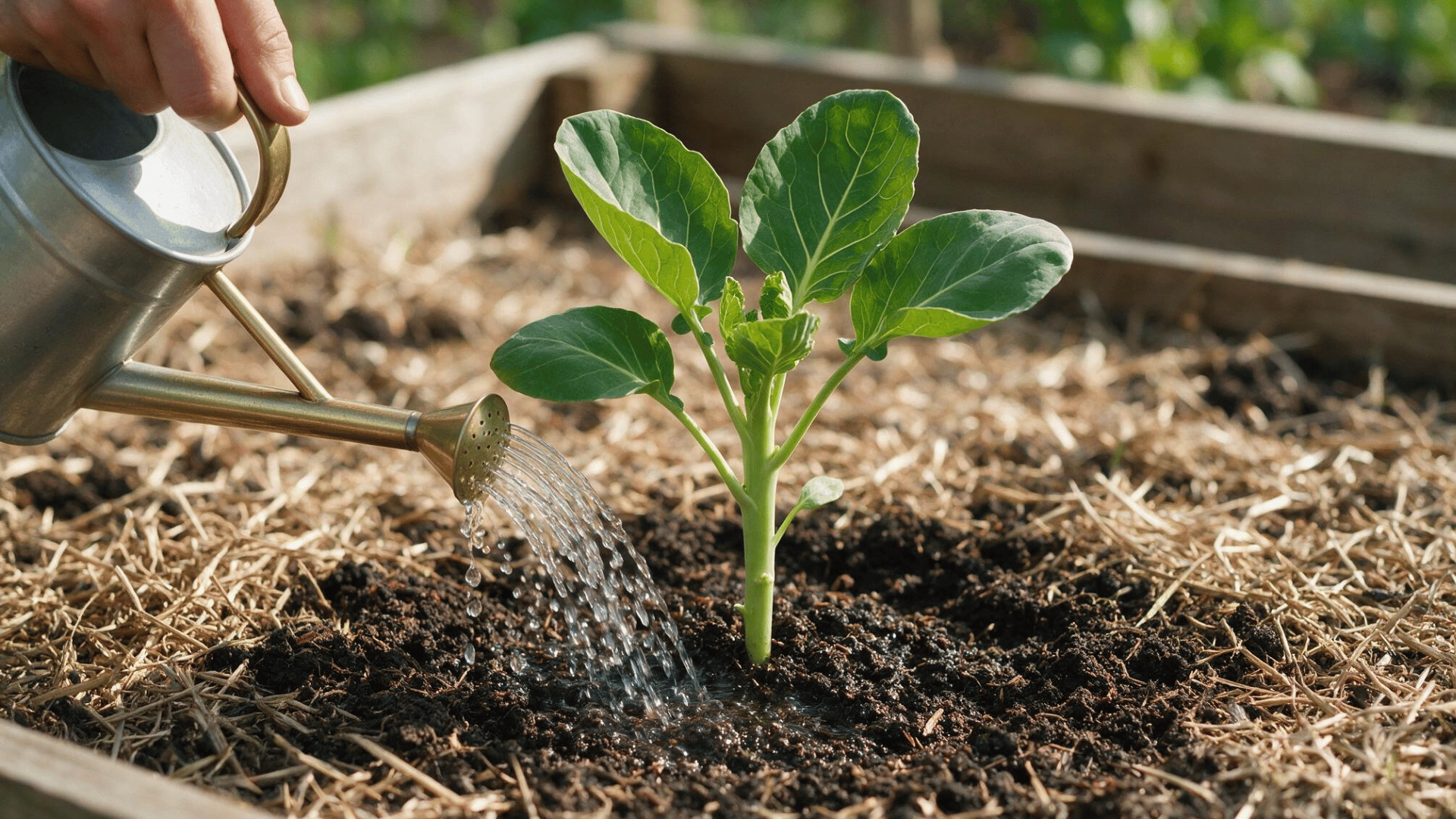 watering a young brussels sprout plant in a mulched raised garden bed with a metal watering can during sunny weather