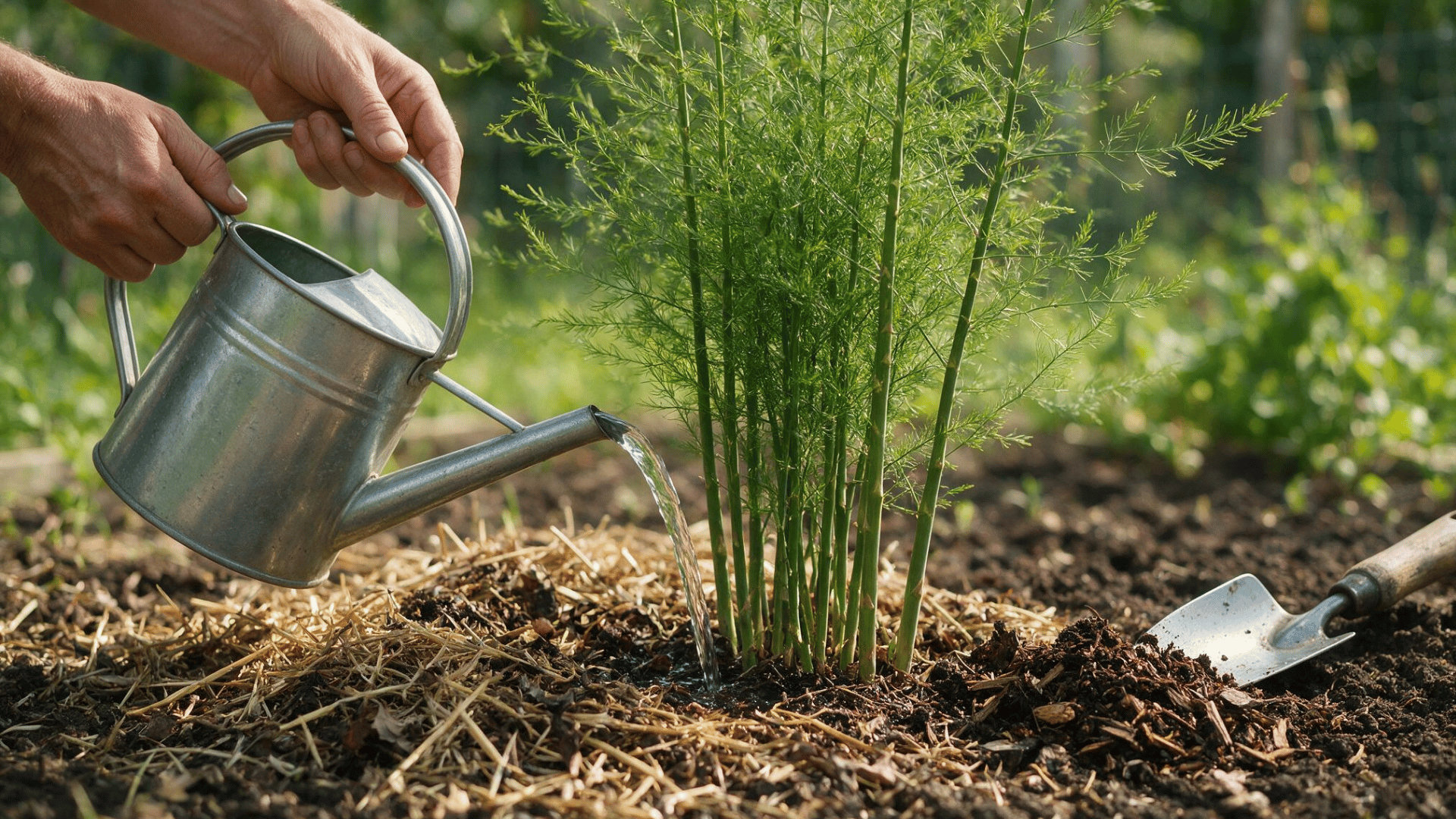 watering asparagus plants in a garden bed with mulch and healthy green fern growth