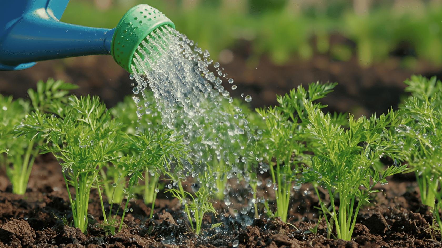 Watering can gently sprinkling water over young carrot seedlings growing in evenly moist dark soil.