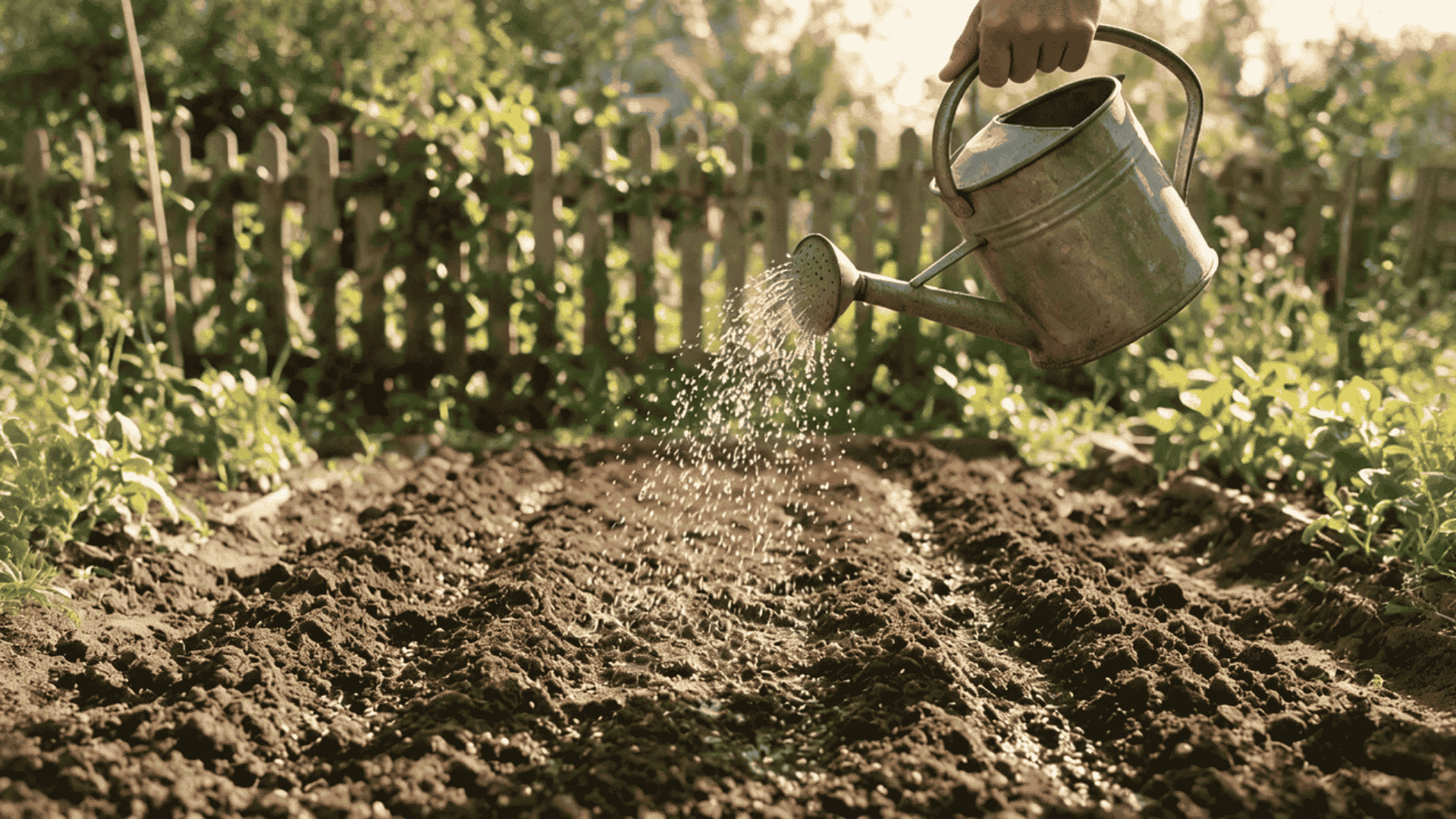 Watering garden soil with a can to prepare a healthy bed for growing amaranth plants.