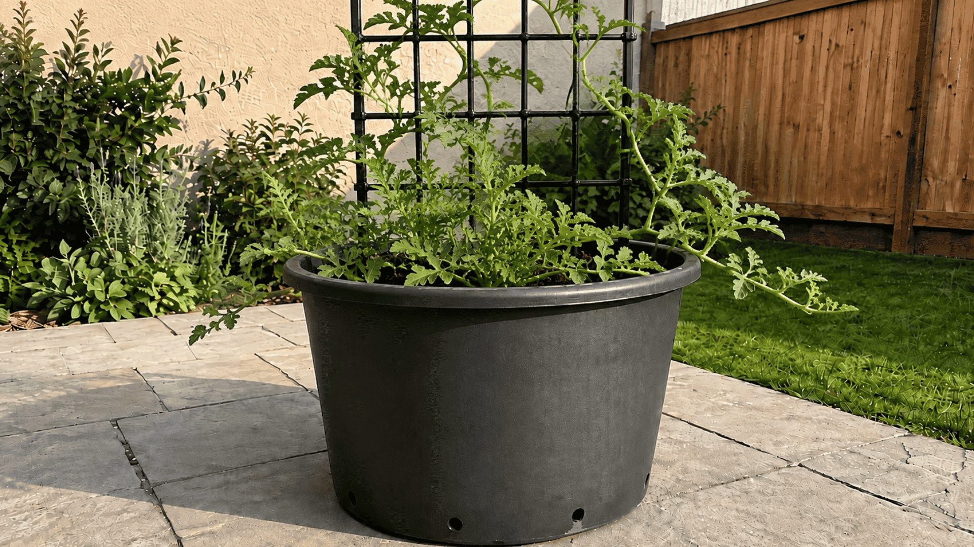 watermelon vines growing in a large black planter with a trellis beside a sunny backyard patio space
