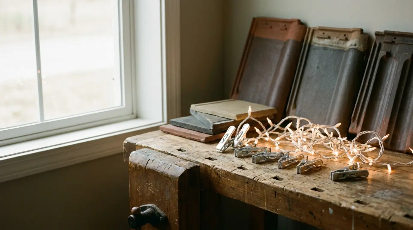 Rustic wooden workbench with tile samples and illuminated string lights near window