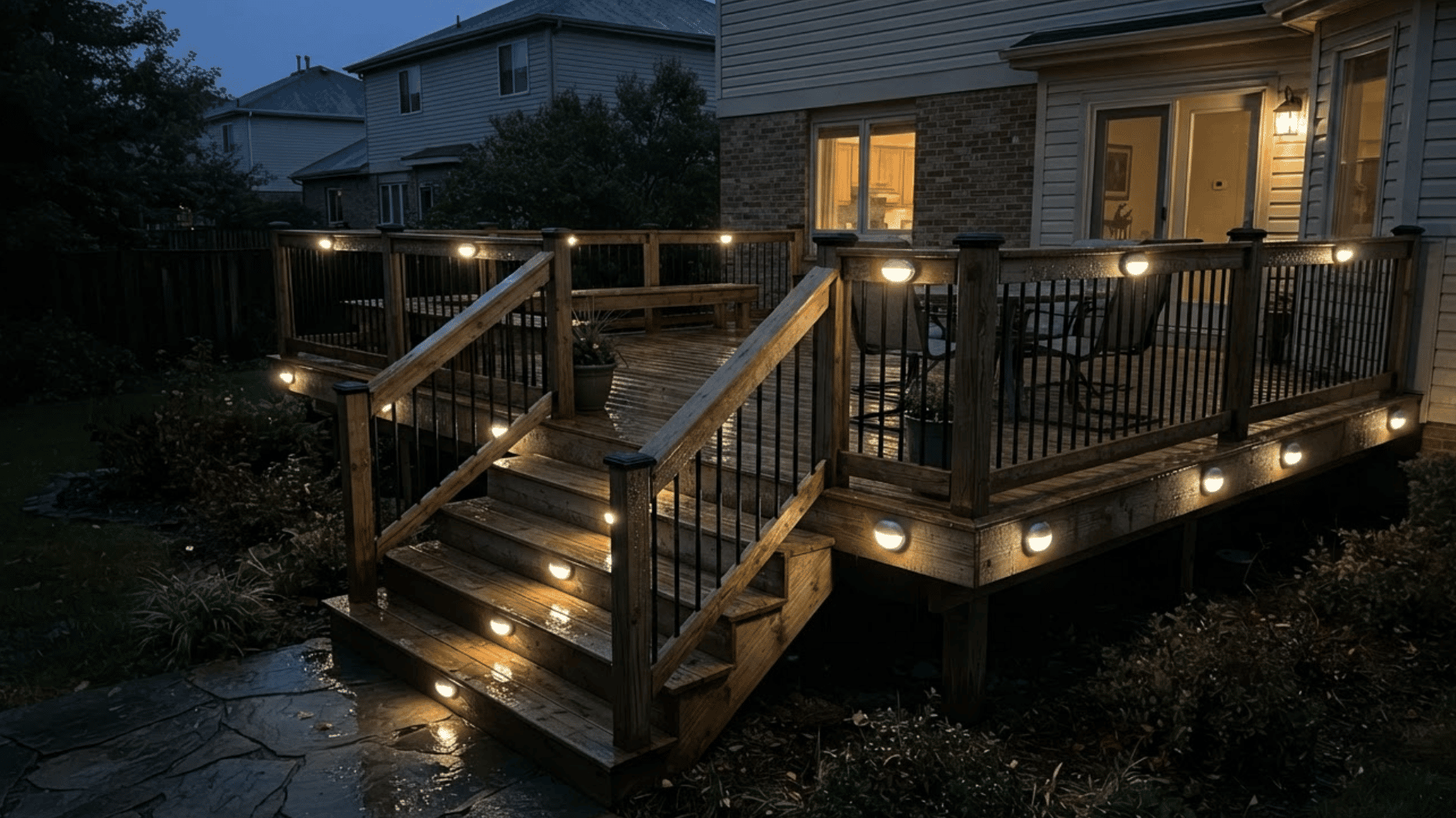 weather resistant deck lights evenly spaced along an outdoor deck at night