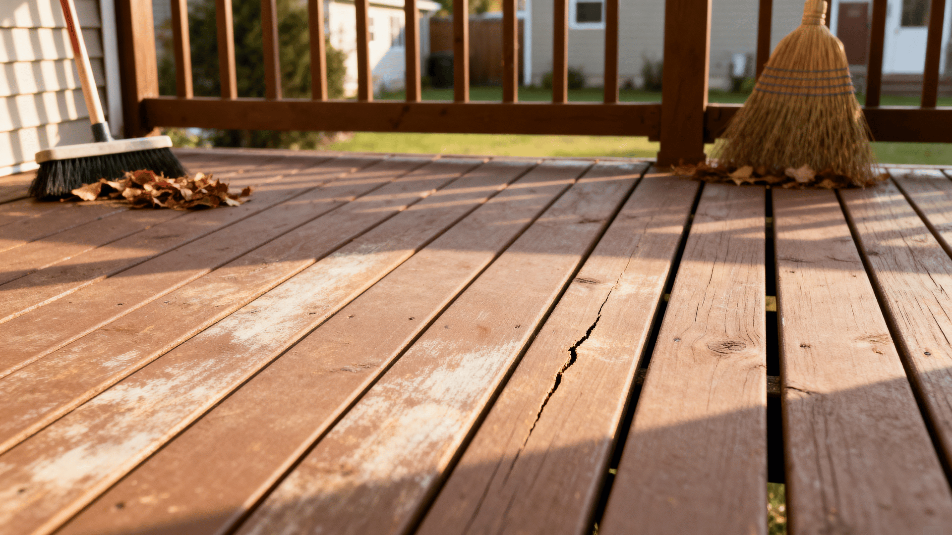 weathered brown deck boards with a narrow surface crack brooms leaves and wooden railings in warm sunlight sun