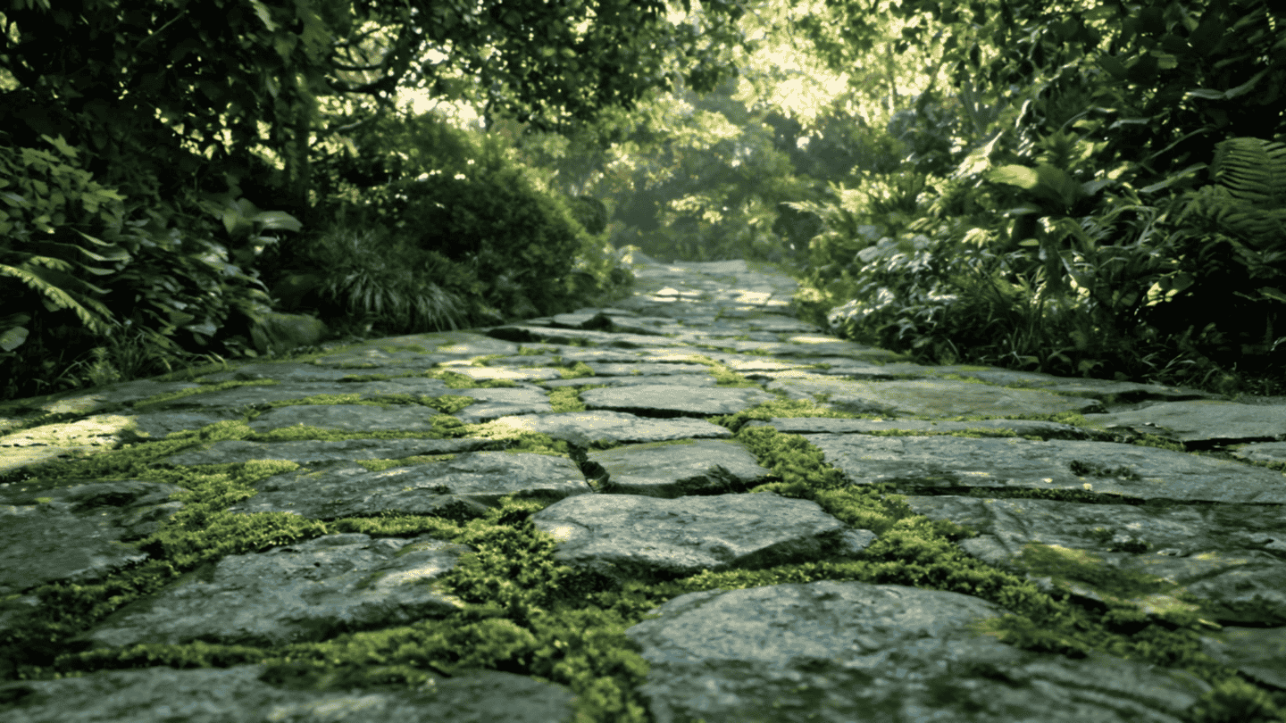 Weathered stone trail with moss growing between stones and greenery in a shaded garden.
