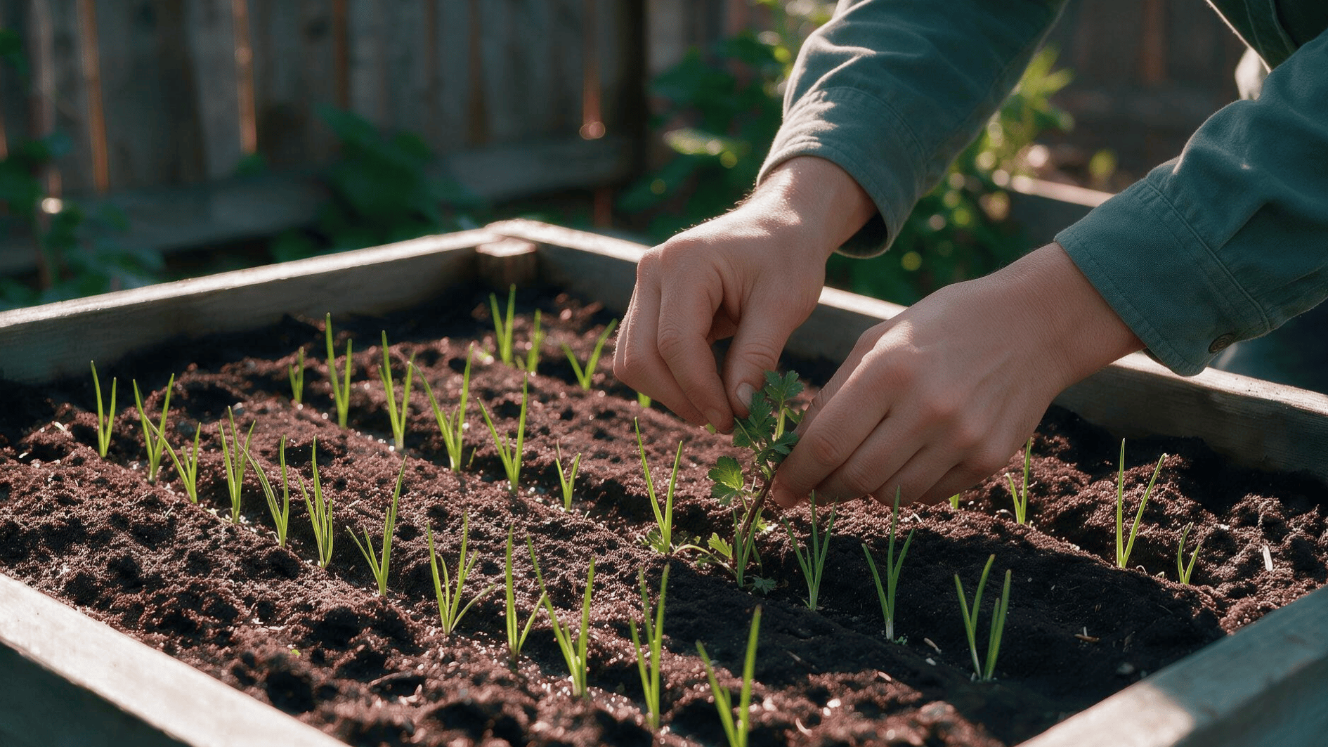 gardener removing weeds carefully between rows of growing green onion plants