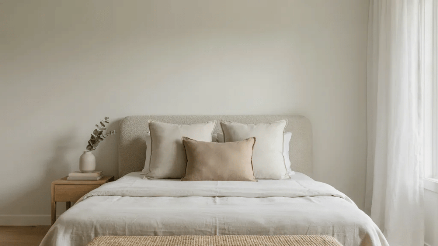 Well-sized square and lumbar pillows arranged evenly across a bed without crowding the headboard.